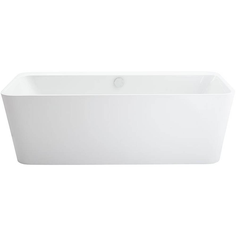 Weiße rechteckige freistehende Badewanne mit modernem minimalistische Design auf einfachem Hintergrund.