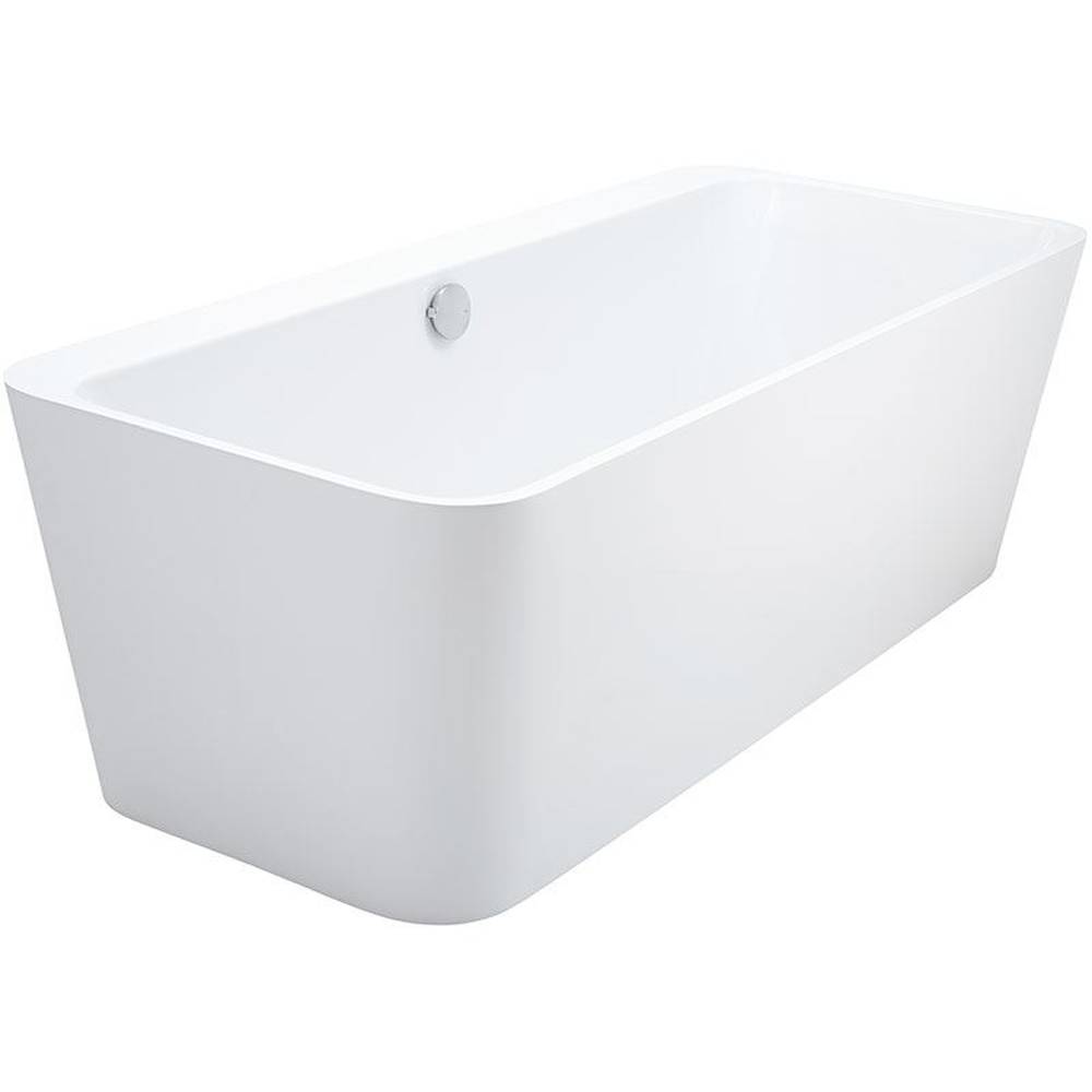 Eine weiße freistehende rechteckige Badewanne mit modernem abgerundetem Design und sichtbarer Ablaufarmatur im Inneren.