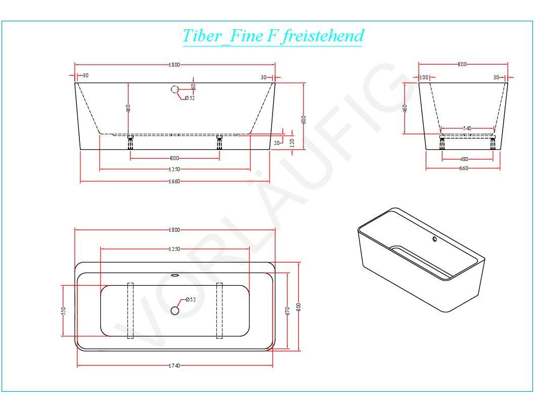 Technische Zeichnung einer rechteckigen freistehenden Badewanne, mit Vorder-, Seiten-, Draufsicht und einer Perspektivskizze mit Dimensionsmessungen.