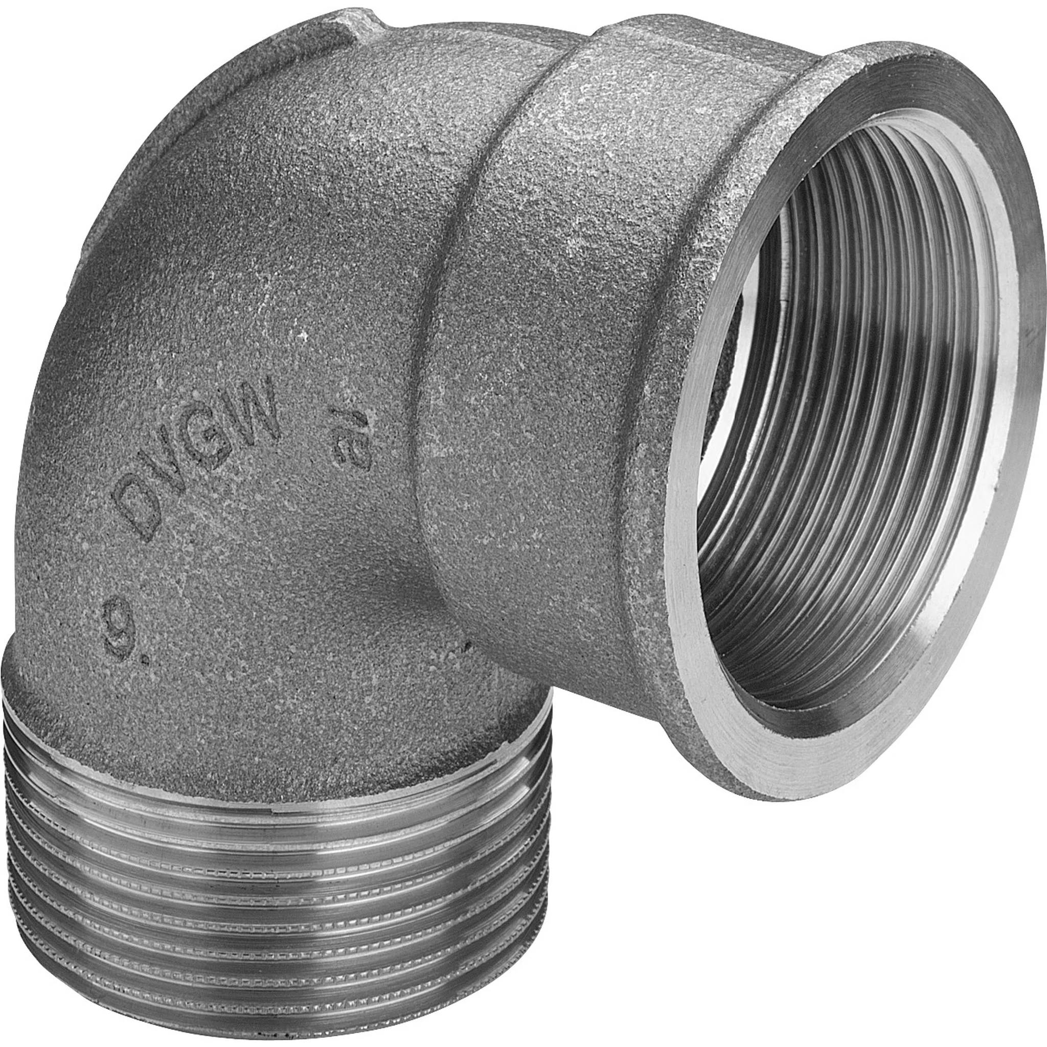 Grauer Metalldrehfitting mit 90-Grad-Gewindewinkel mit Außengewinde auf der einen Seite und Innengewinde auf der anderen Seite.