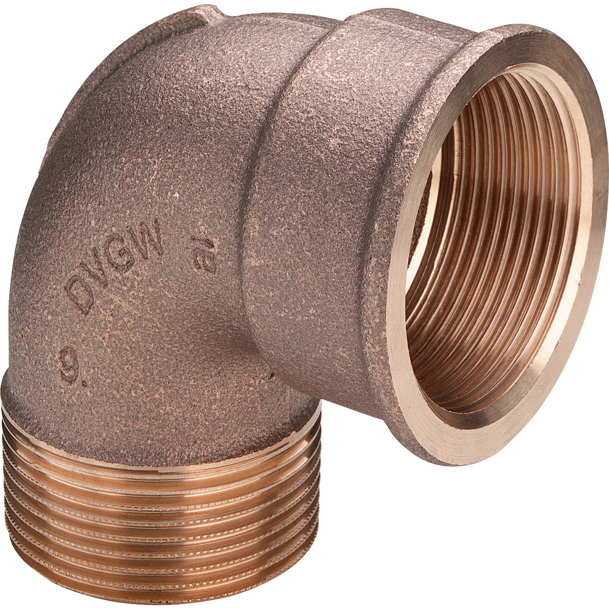 Messing-Rohrbogenfitting mit 90-Grad-Winkel mit männlichem und weiblichem Gewinde.