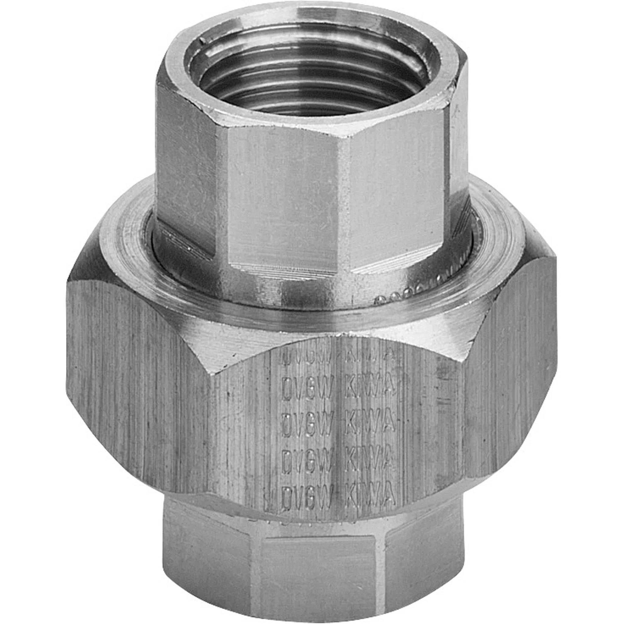 Metalgewindefitting mit sechskantigem Gehäuse und Stecker-/Buchsenverbindungen, dargestellt auf einfachem Hintergrund.
