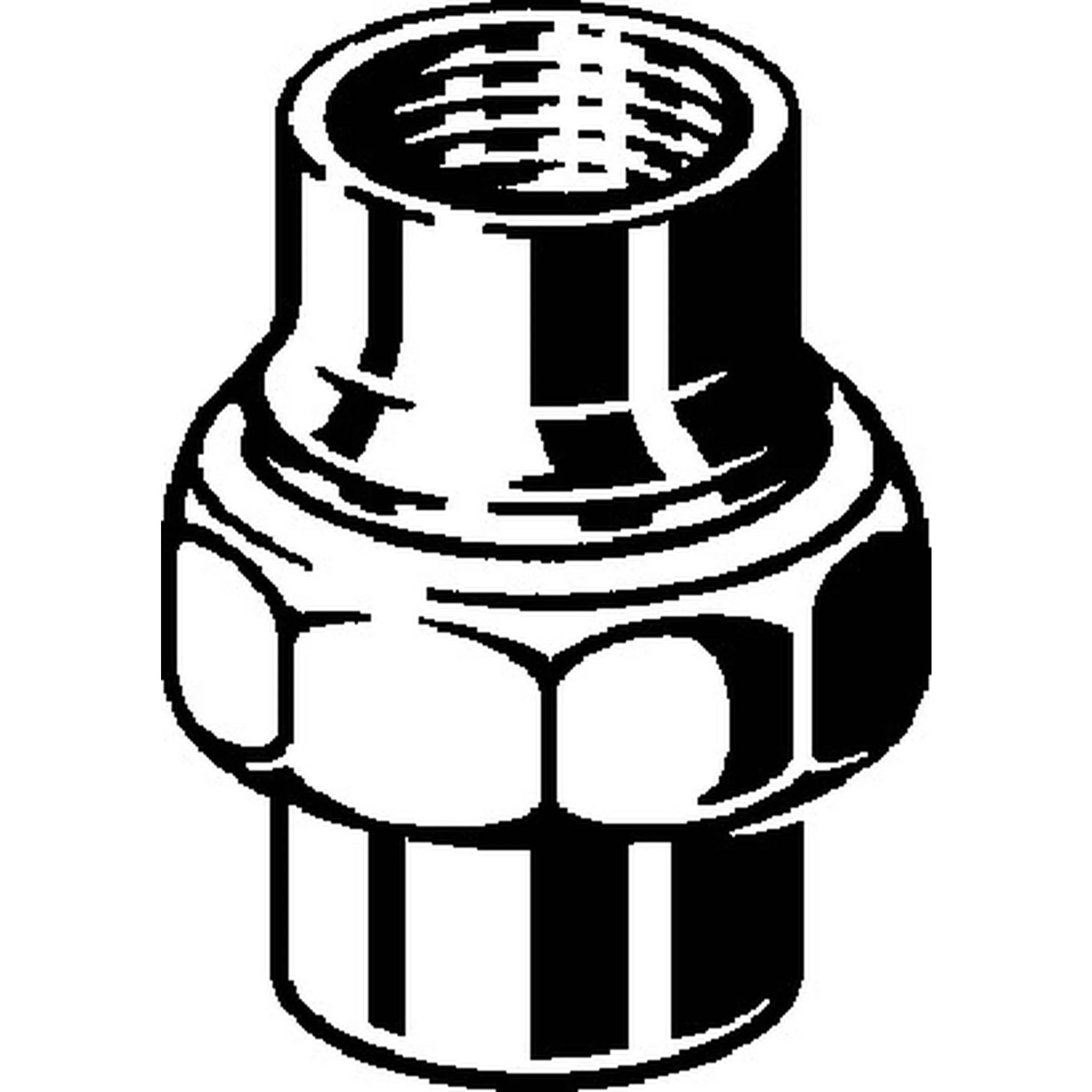 Schwarzweißillustration einer Gewindemetallrohrverbindungsmutter oder Kupplung, in Nahaufnahme dargestellt.