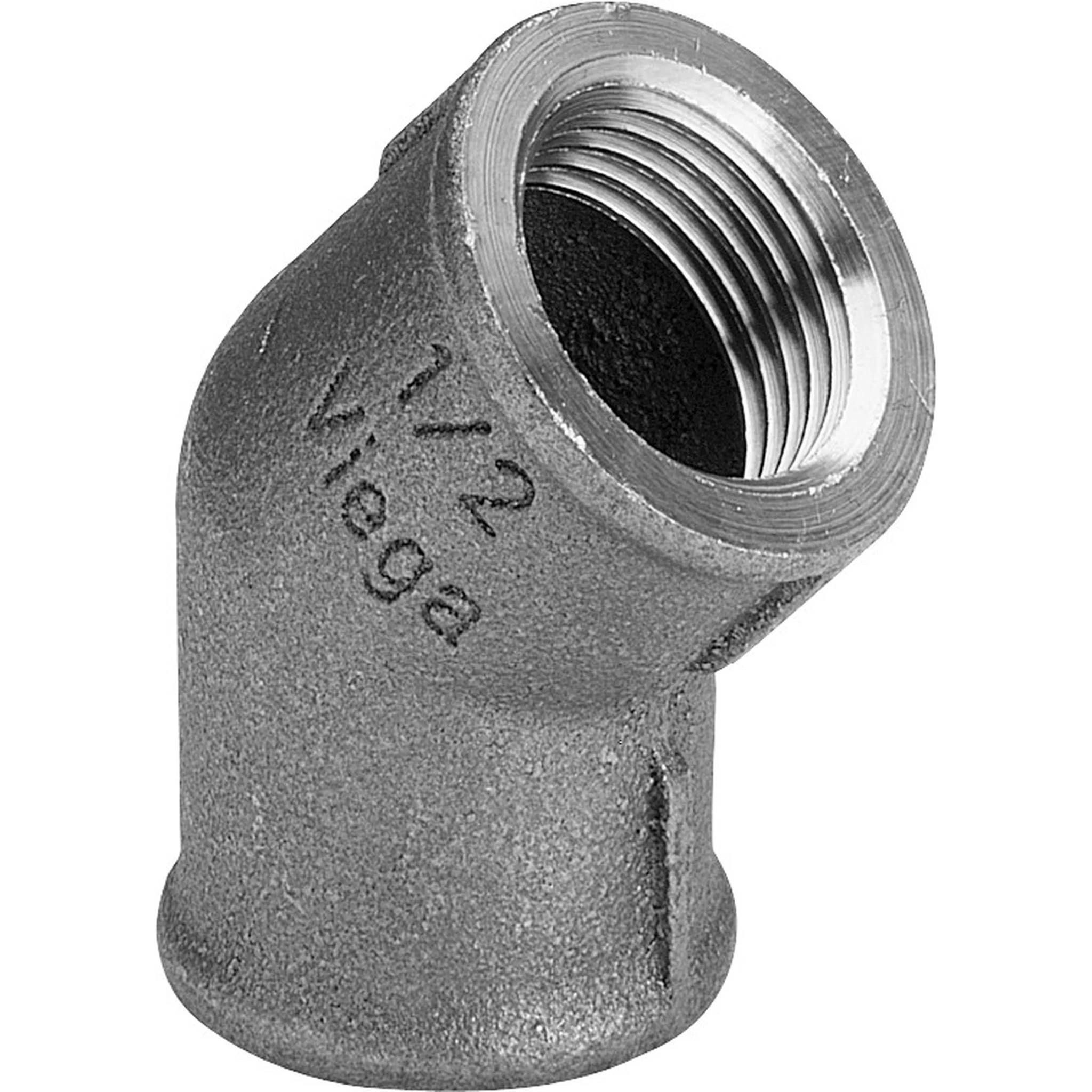 Graues Metall-Rohrbogenfitting mit 90-Grad-Gewinde, gekennzeichnet mit „1/2 mega