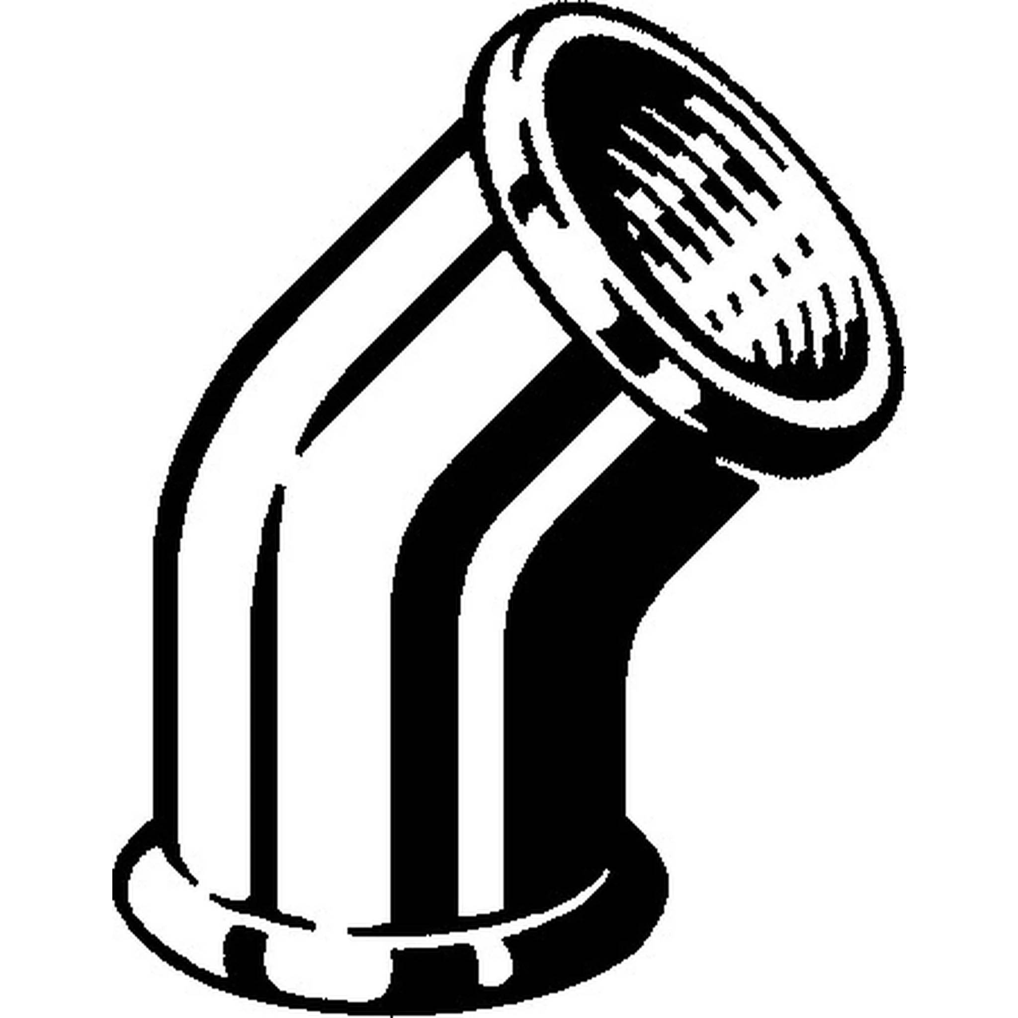 Schwarzweiß-Illustration eines gekrümmten Rohrkrümmers mit einer geflanschten kreisförmigen Öffnung, dargestellt in Seitenansicht.