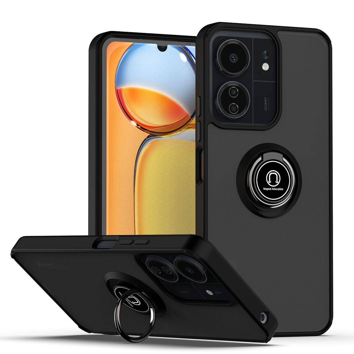 Für Xiaomi Redmi 13C Design TPU / PC Handy Hülle Cover + Ring Schwarz