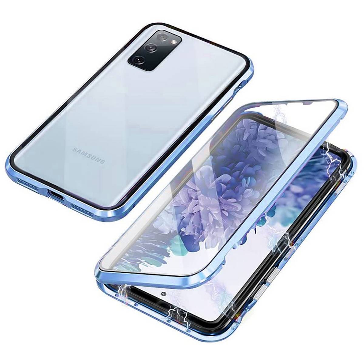 Für Samsung Galaxy S23 FE Beidseitiger 360 Grad Magnet Glas Hülle Handy Tasche Bumper Blau