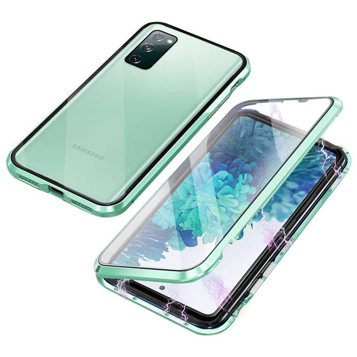 Für Samsung Galaxy S23 FE Beidseitiger 360 Grad Magnet Glas Hülle Handy Tasche Bumper Grün