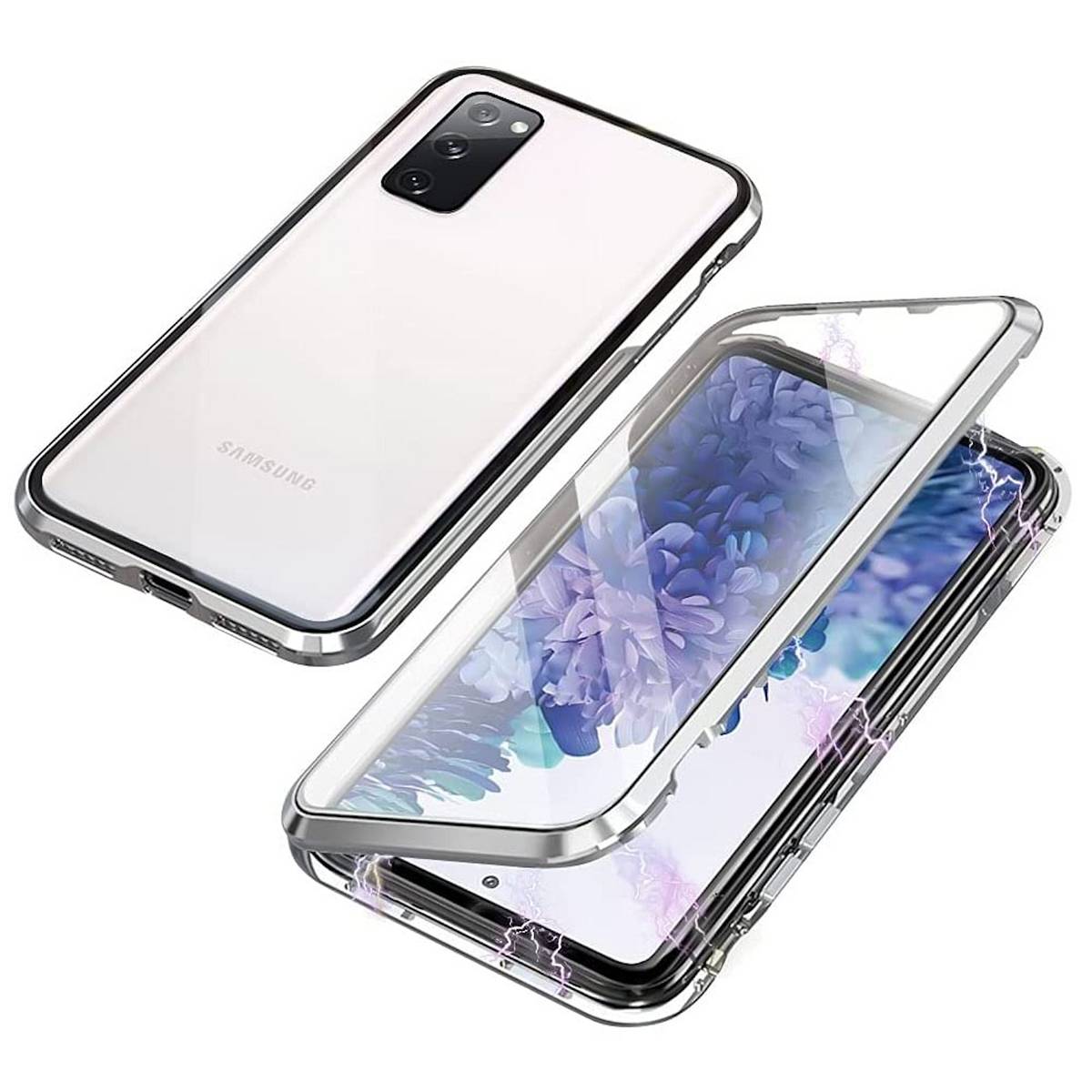 Für Samsung Galaxy S23 FE Beidseitiger 360 Grad Magnet Glas Hülle Handy Tasche Bumper Silber