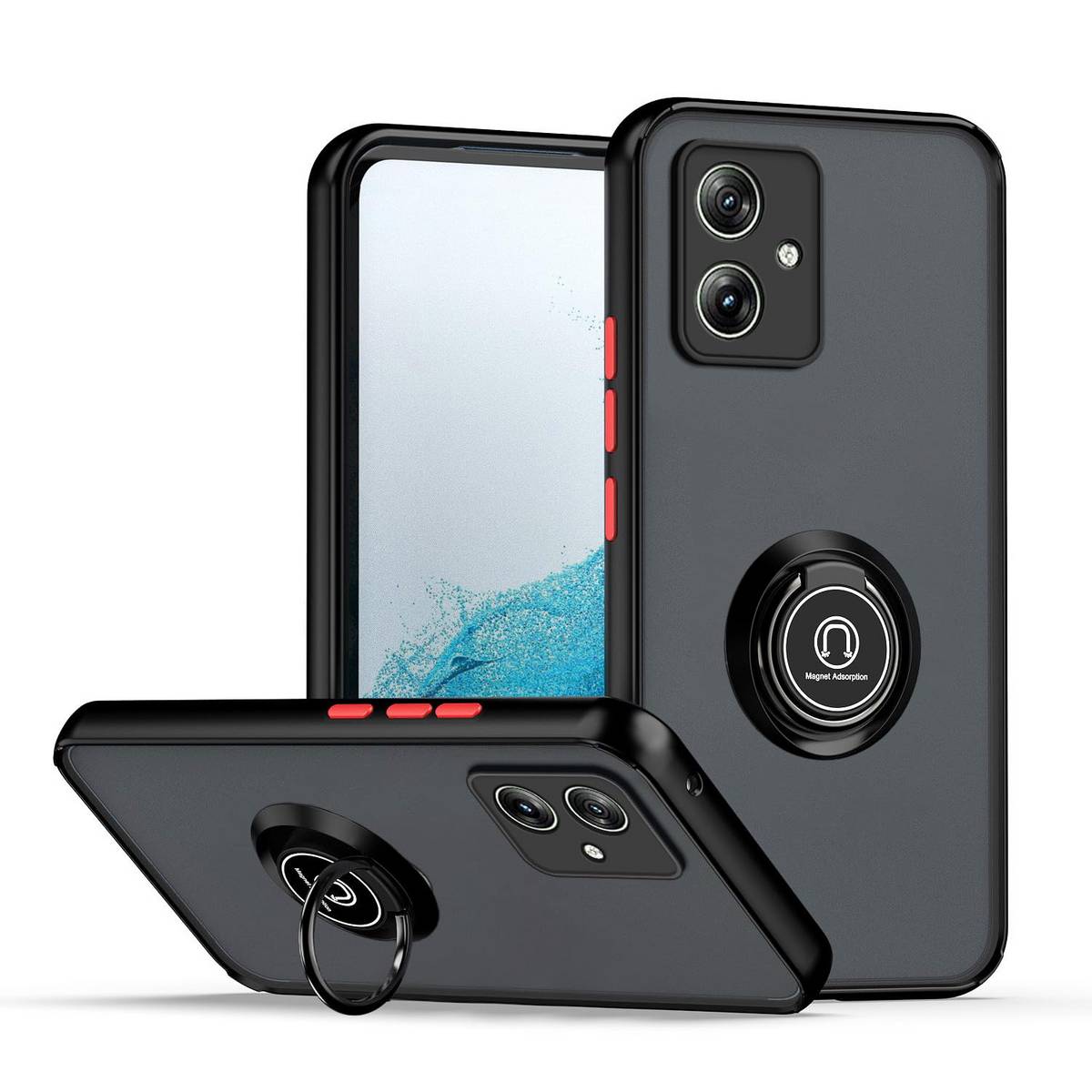 Für Motorola Moto G54 Design TPU / PC Handy Hülle Cover + Ring Schwarz / Rot