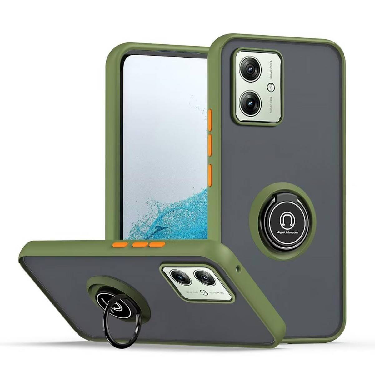 Für Motorola Moto G54 Design TPU / PC Handy Hülle Cover + Ring Hellgrün / Orange