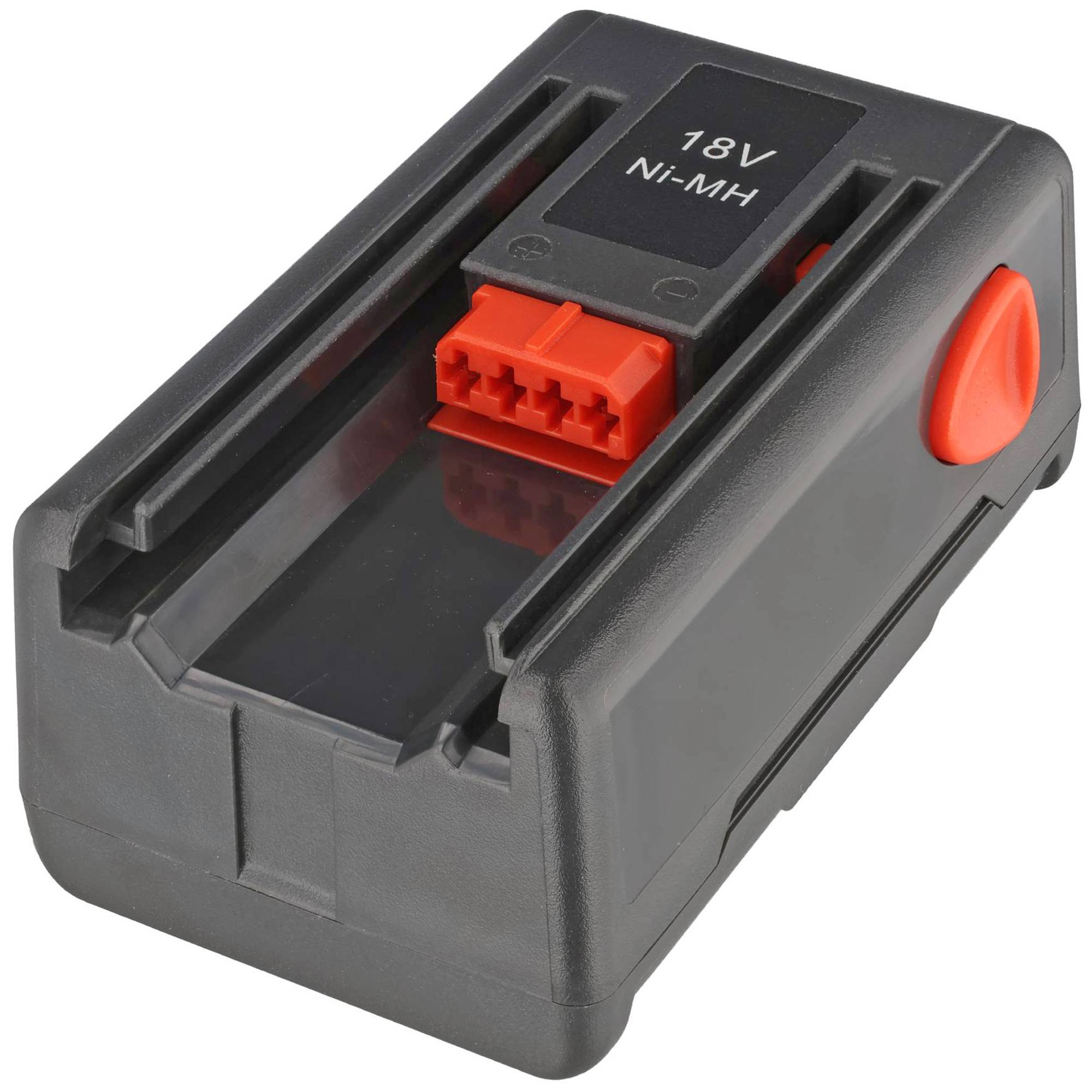 Schwarzes 18V Ni-MH Akkupack mit rotem Stecker und seitlicher Entriegelungstaste.