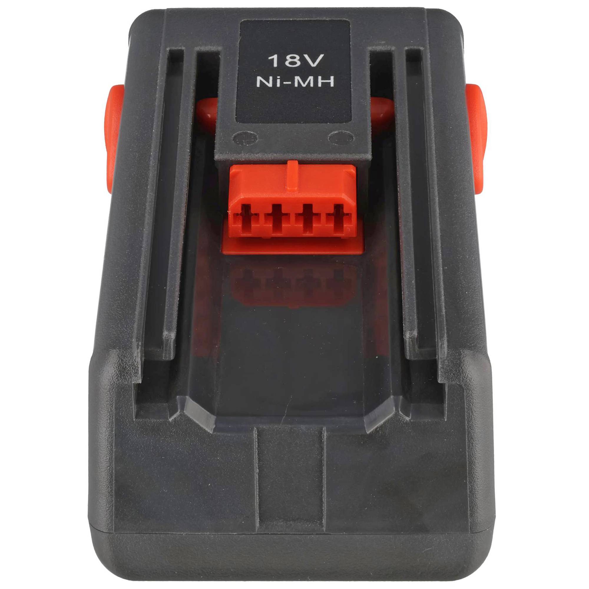 Schwarzer 18V Ni-MH-Akku mit rotem Stecker, Frontansicht auf weißem Hintergrund.