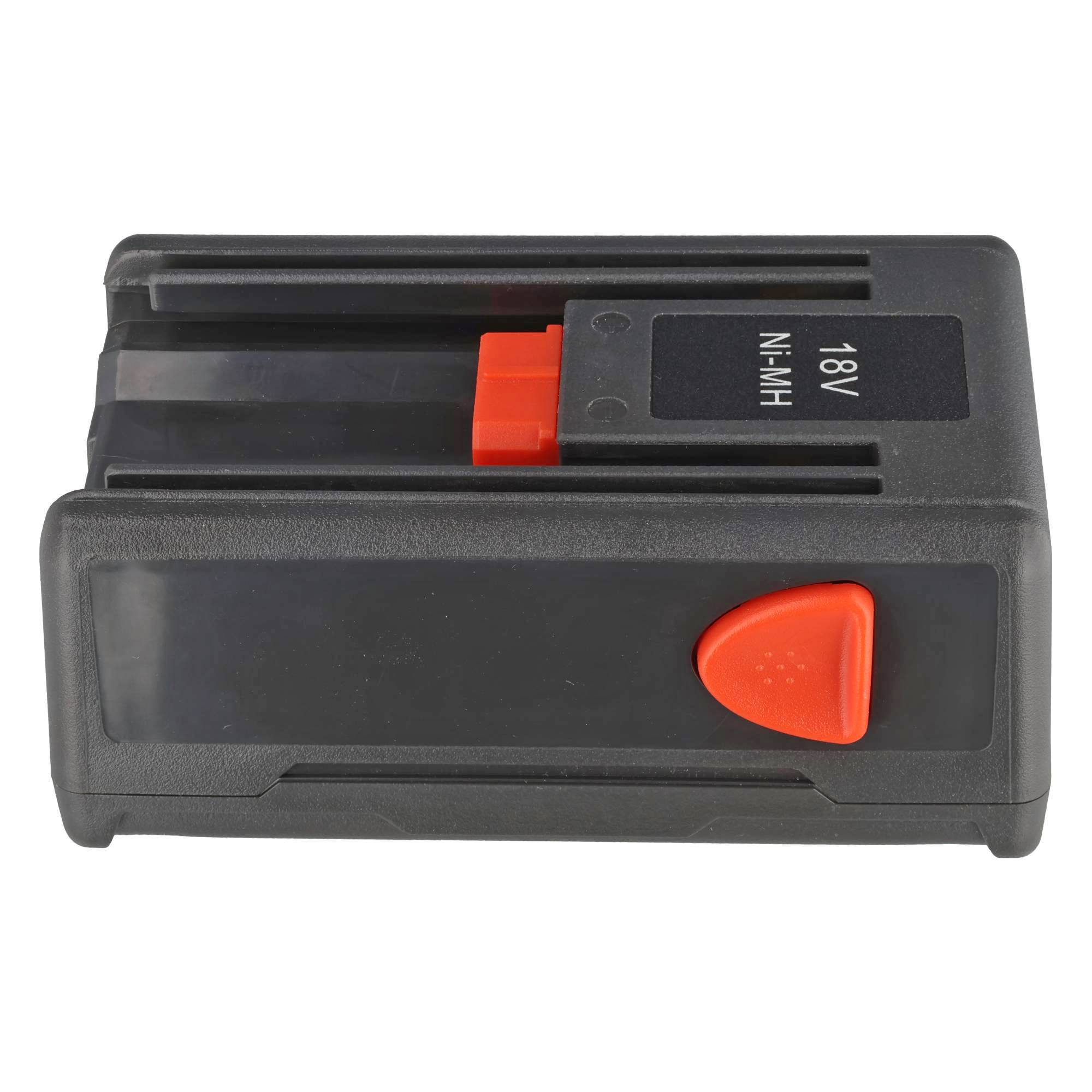 Schwarzes 18V Ni-MH wiederaufladbares Batteriepaket mit orangem Freigaberiegel, auf weißem Hintergrund dargestellt.
