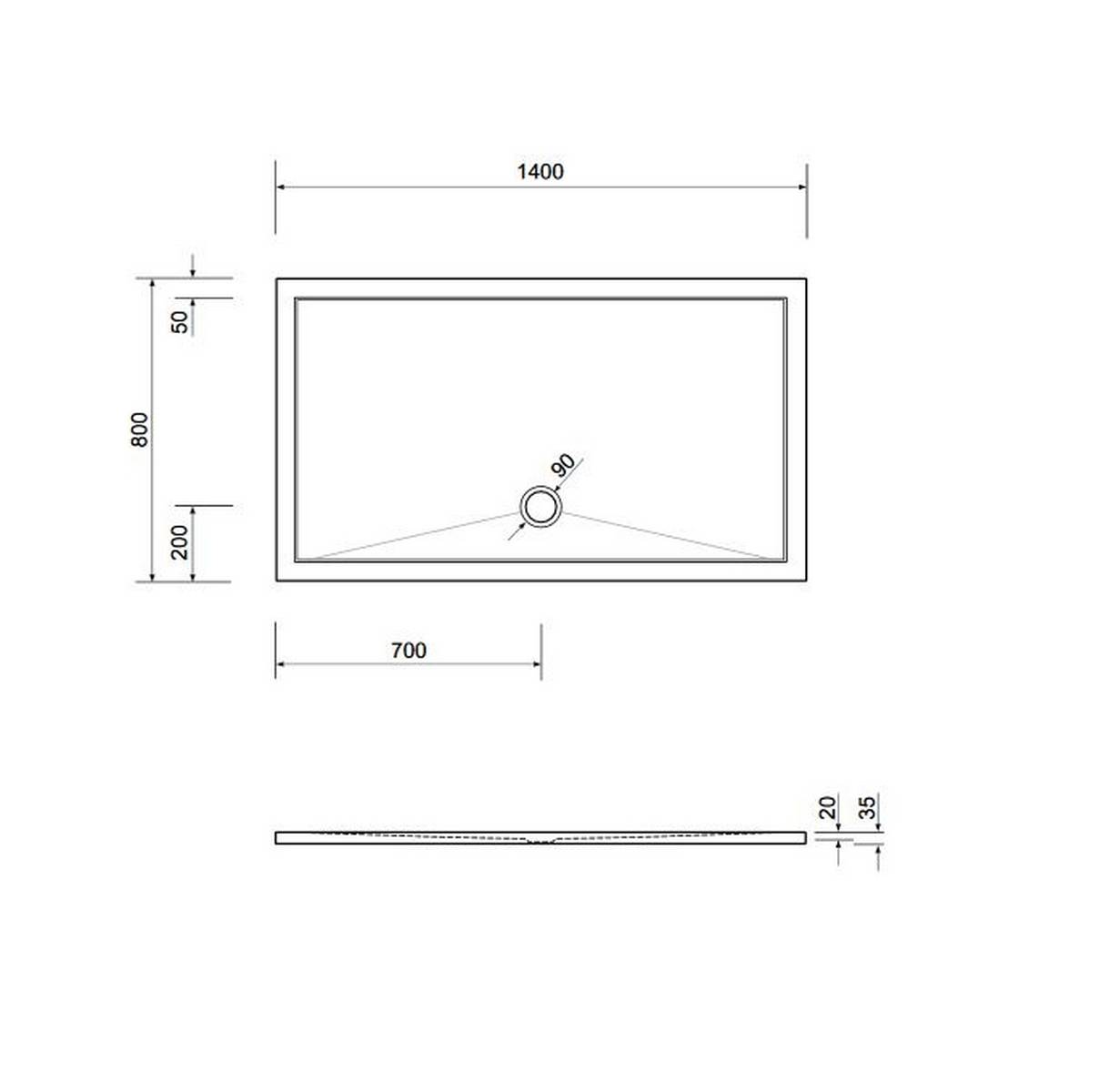 Schröder Viereck Duschwanne Deepstone E 140x80x2 cm weiß, Mineralguss