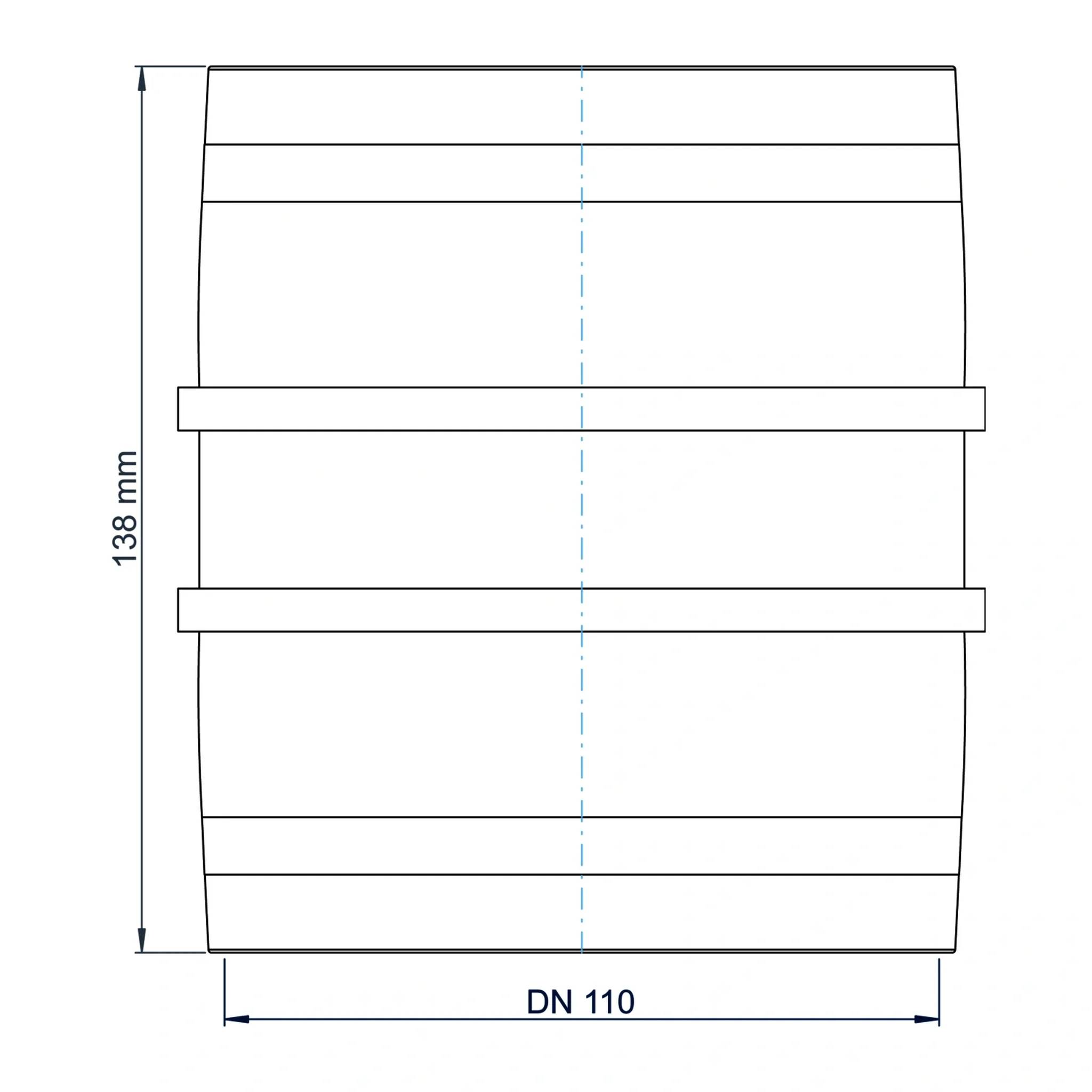 Technische Zeichnung eines fassförmigen Behälters mit der Bezeichnung DN 110, 138 mm Höhe, mit einer Mittellinie und zwei horizontalen Bändern.