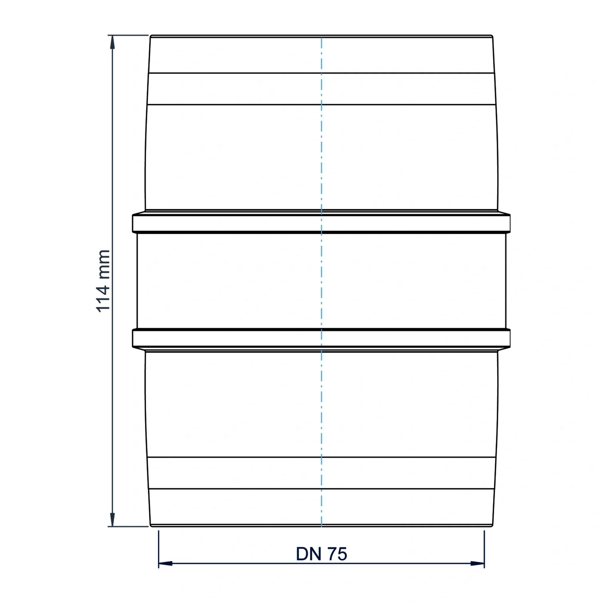 Technische Zeichnung einer zylindrischen Rohrfitting mit der Bezeichnung DN 75, die eine Höhe von 114 mm und eine zentrierte vertikale Achse zeigt.