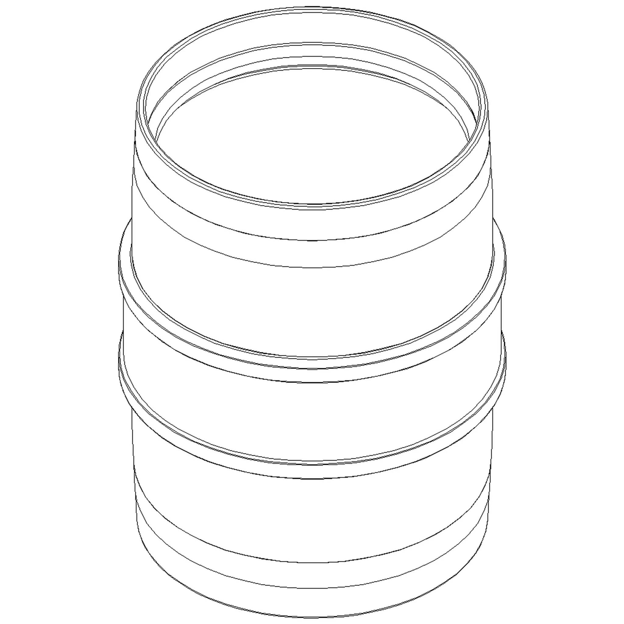 Strichzeichnung eines aufrecht stehenden zylindrischen Metallfasses oder einer Metalltrommel, zentral auf weißem Hintergrund dargestellt.