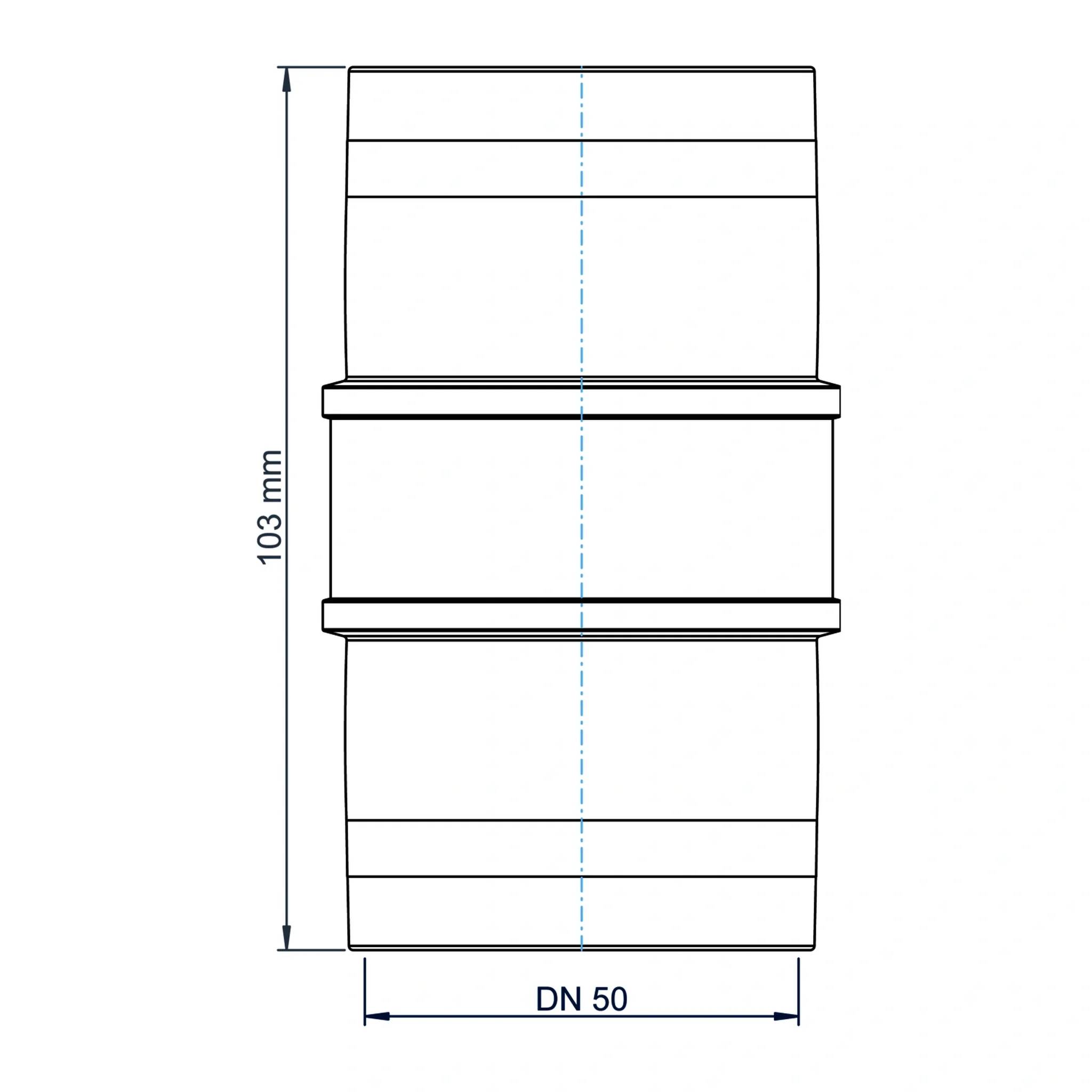 Technische Linienzeichnung einer zylindrischen Rohrverschraubung mit einer Höhe von 103 mm und einer Breite von DN 50, mit einer zentrierten vertikalen Achse.