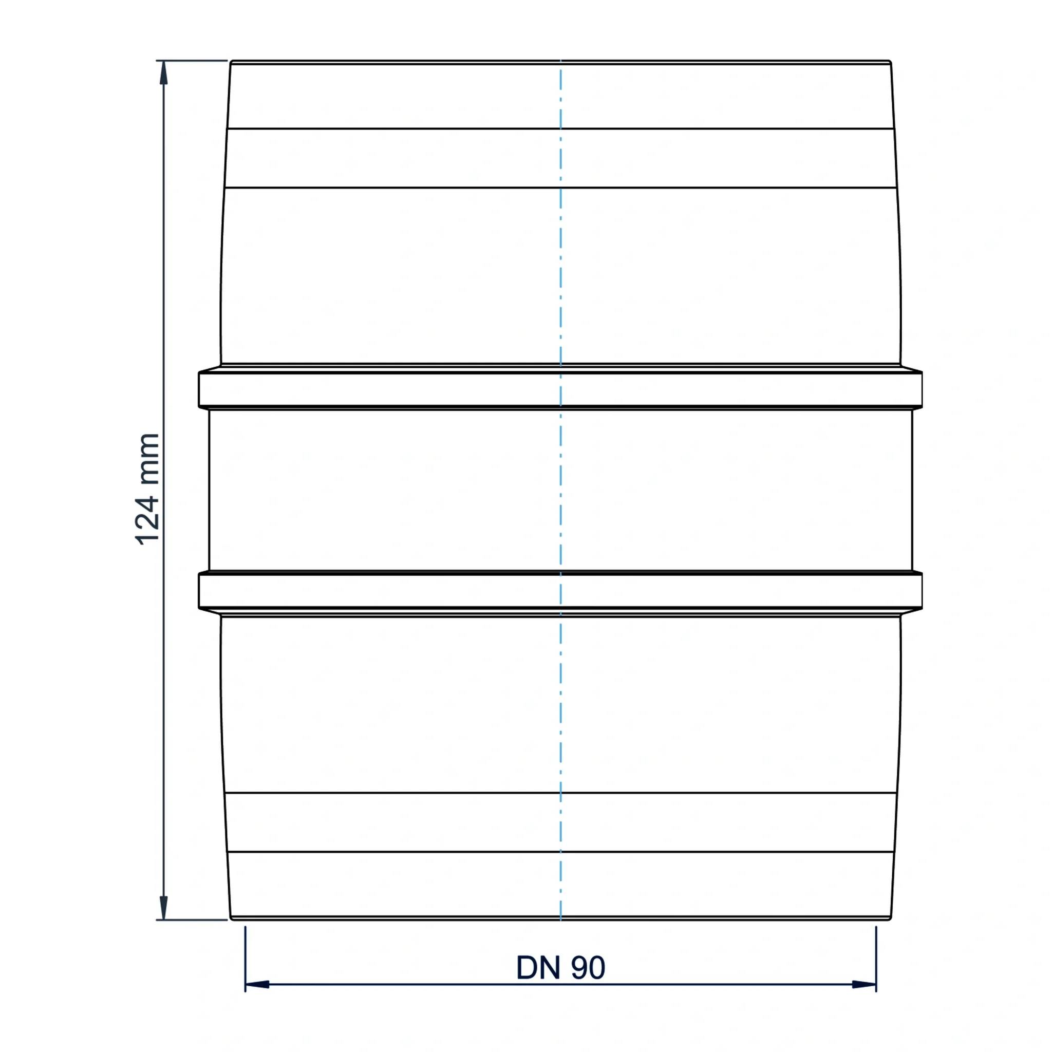 Technische Zeichnung einer zylindrischen Rohrverbindung, mit einer Höhe von 124 mm und einer Breite von DN 90, mit einer Mittellinie und gestuften Bändern.