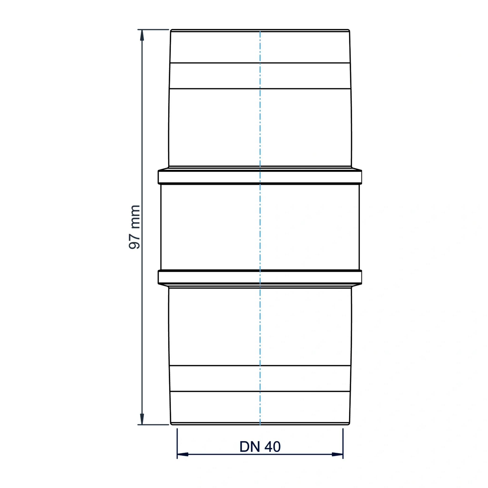 Technische Zeichnung einer zylindrischen Rohrverschraubung, mit einer Höhe von 97 mm und einer Breite von DN 40 gekennzeichnet, dargestellt in Vorderansicht mit Mittellinie.