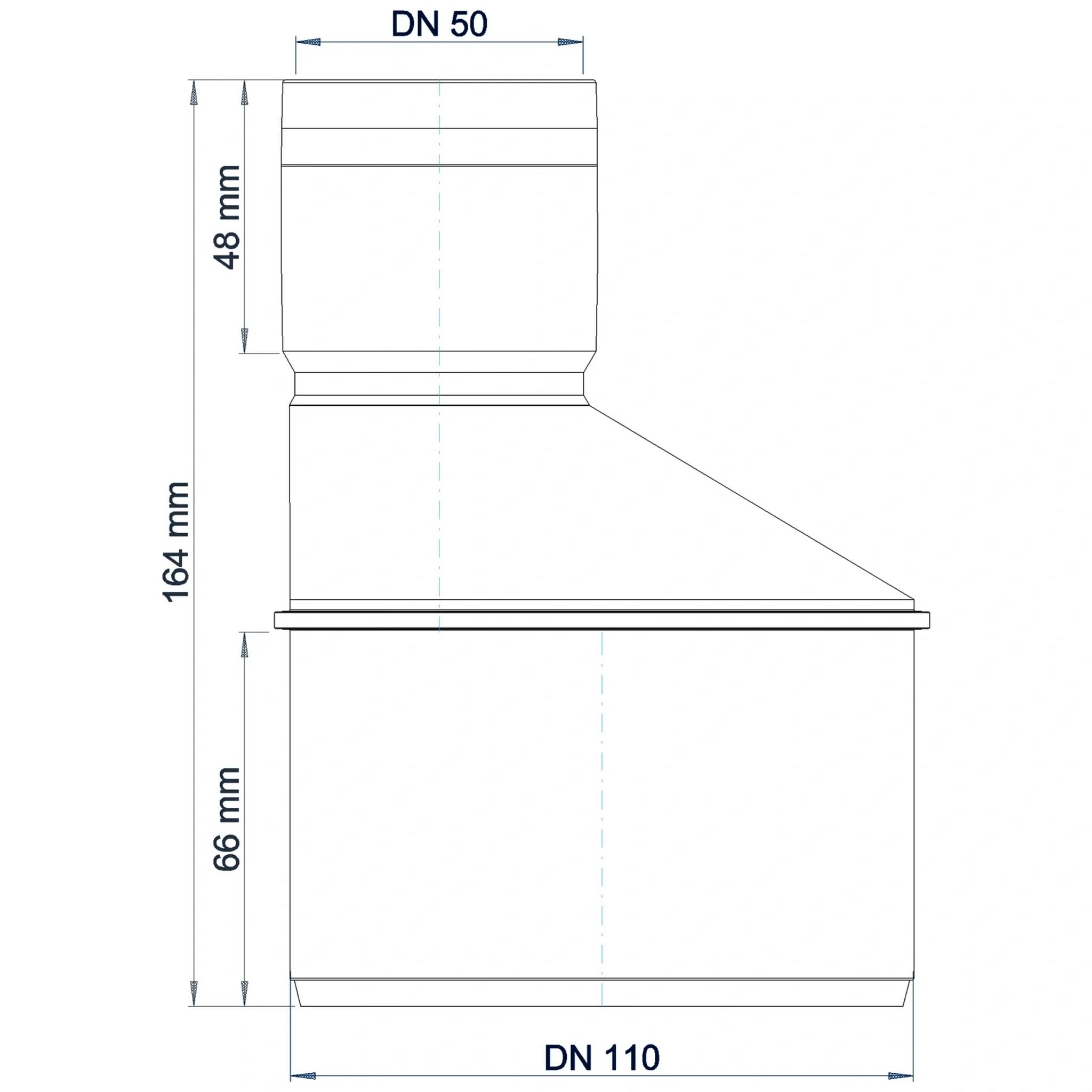 Technische Maßzeichnung einer Rohrverschraubung Reduzierung, gekennzeichnet mit DN 50 oben und DN 110 unten, mit Höhen 48 mm, 164 mm und 66 mm.