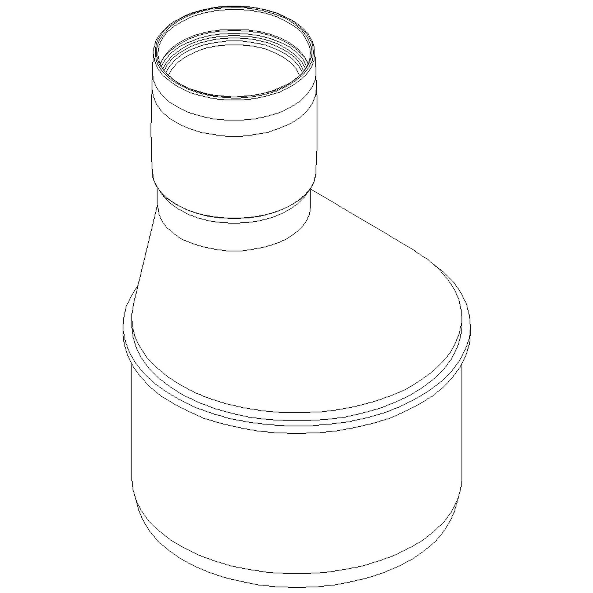 Strichzeichnung eines zylindrischen Behälters mit schmalererm Hals und gewindelöffnung, der einer Flasche oder einem Behälter ähnelt.