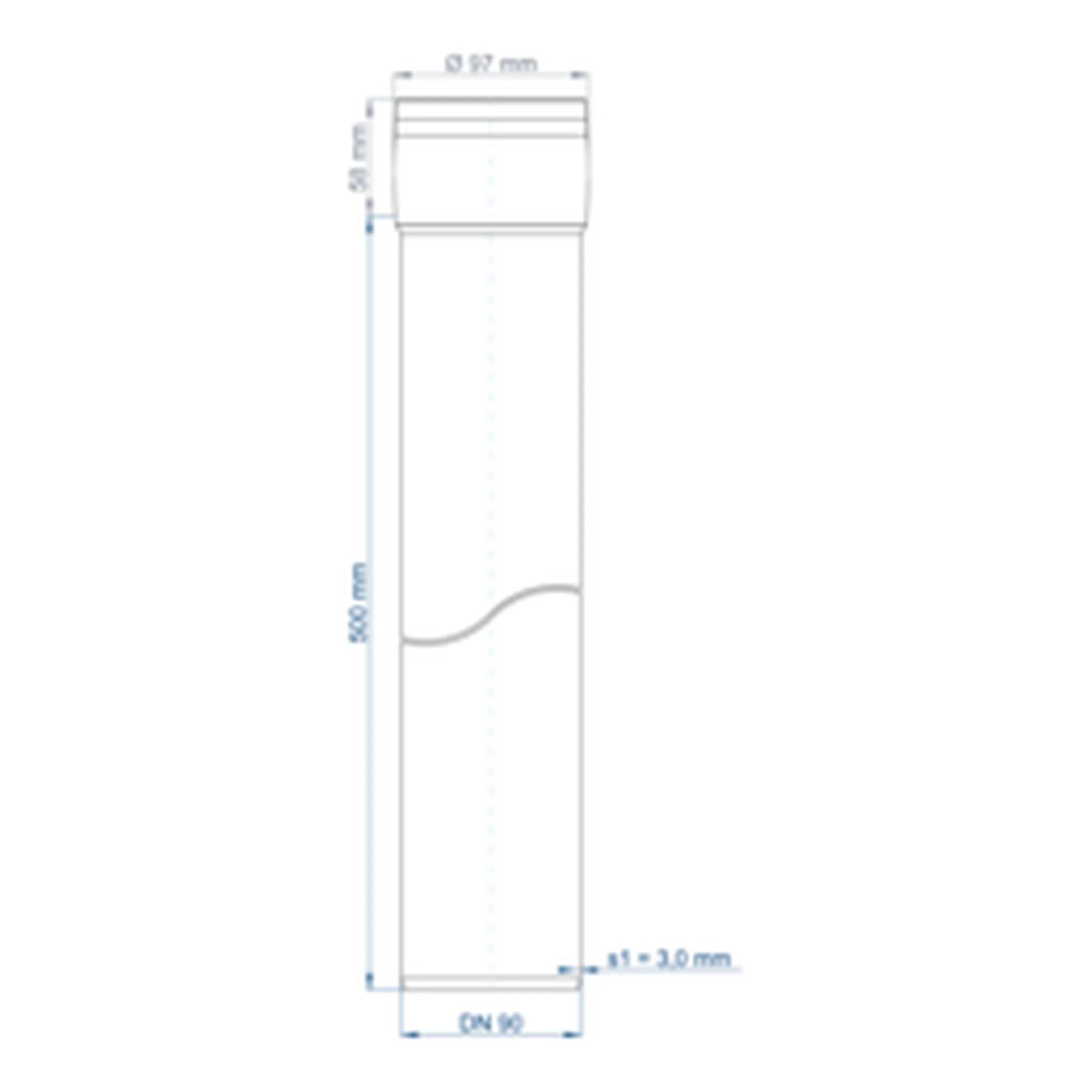 Technische Zeichnung eines hohen zylindrischen Behälters mit den Abmessungen 67 mm Breite und 500 mm Höhe, mit einem gekrümmten Seitenprofil in der Nähe der unteren Mitte.