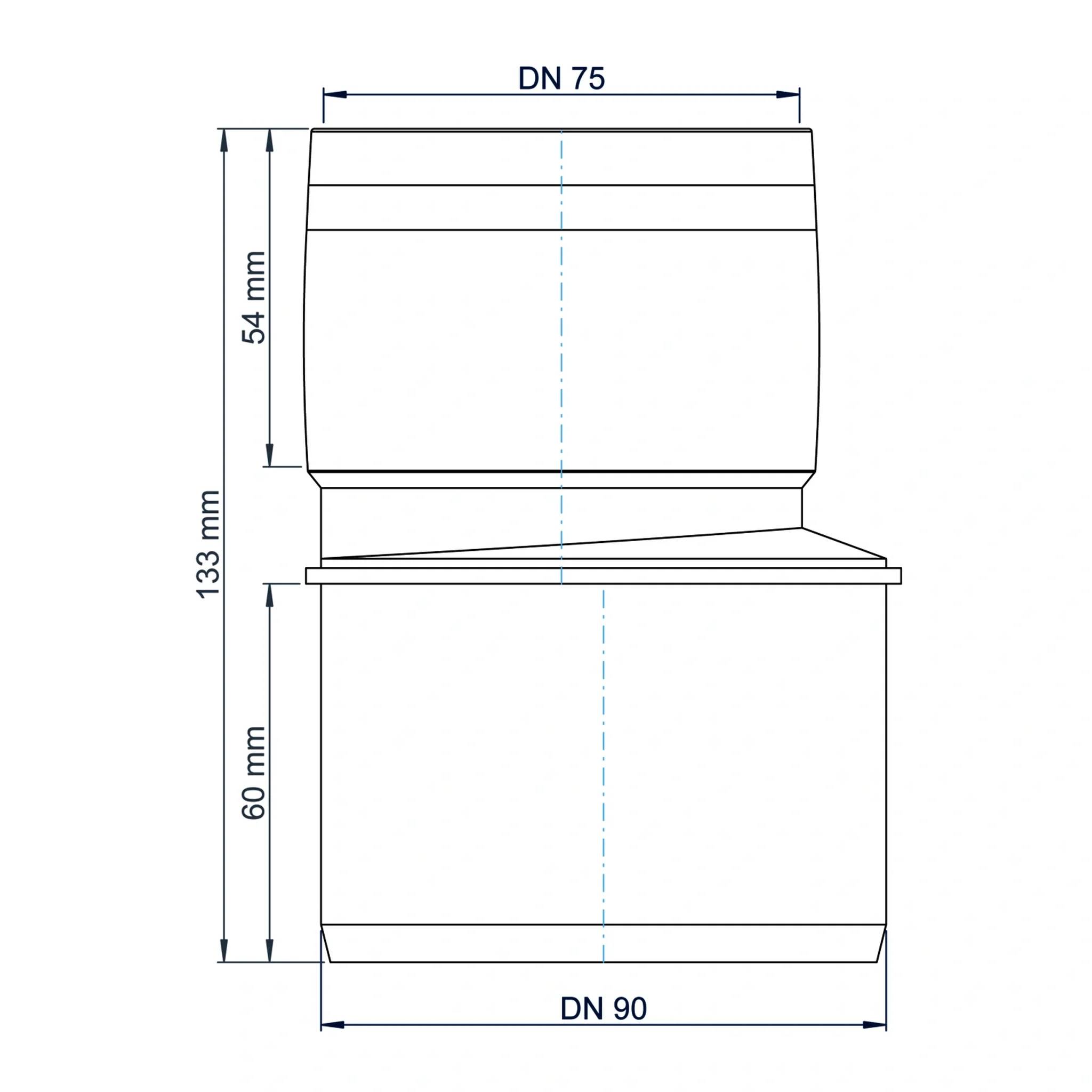 Technische Maßzeichnung eines Rohrverschraubungs-/Adapterstücks mit DN 75 oben, DN 90 unten, und beschrifteten Höhen von 54 mm, 60 mm und Gesamtlänge 133 mm.