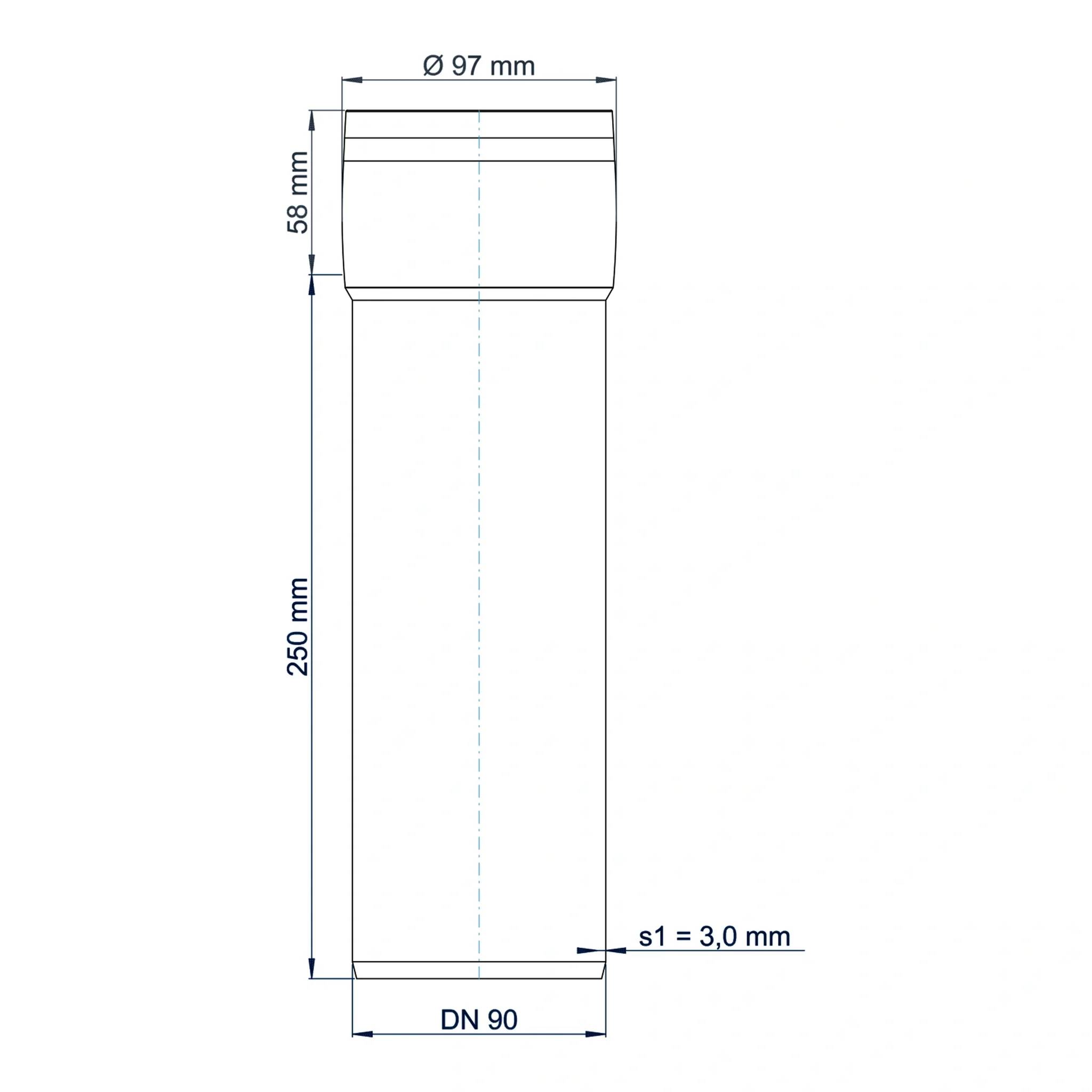 Technische Zeichnung eines zylindrischen Rohrs oder Lüftungskomponente mit beschrifteten Abmessungen: 97 mm Durchmesser, 58 mm oberer Abschnitt, 250 mm Länge, 3,0 mm Wandstärke, DN 90.
