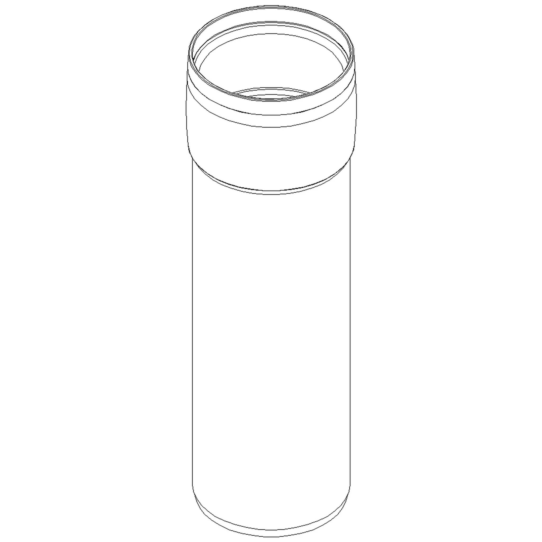 Einfache Strichzeichnung einer hohen zylindrischen Kunststoffflasche oder eines Rohrs mit breiter Gewindeoberseite und abgerundetem Boden.