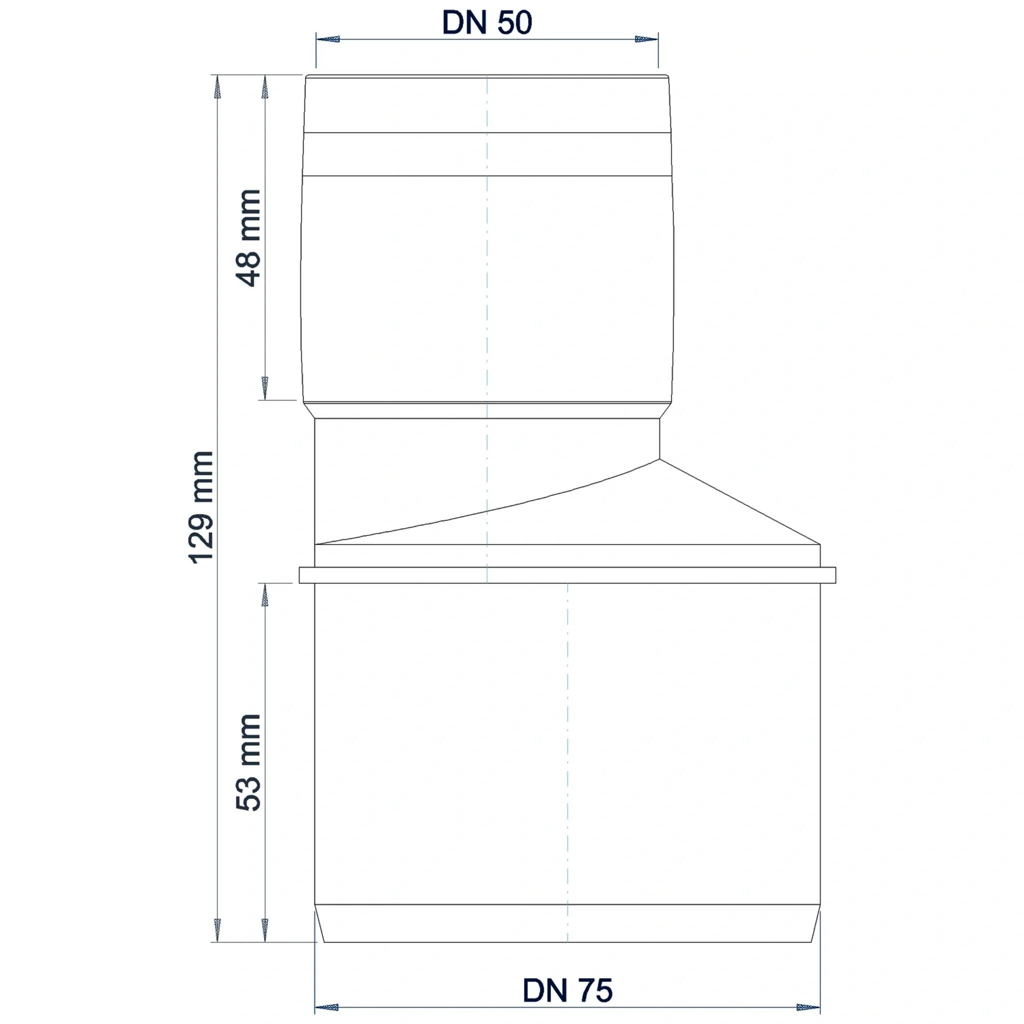 Technische Maßzeichnung eines Rohrverschraubungsadapters mit der Bezeichnung DN 50 oben und DN 75 unten, mit Höhenmaßen von 48 mm, 129 mm und 53 mm.