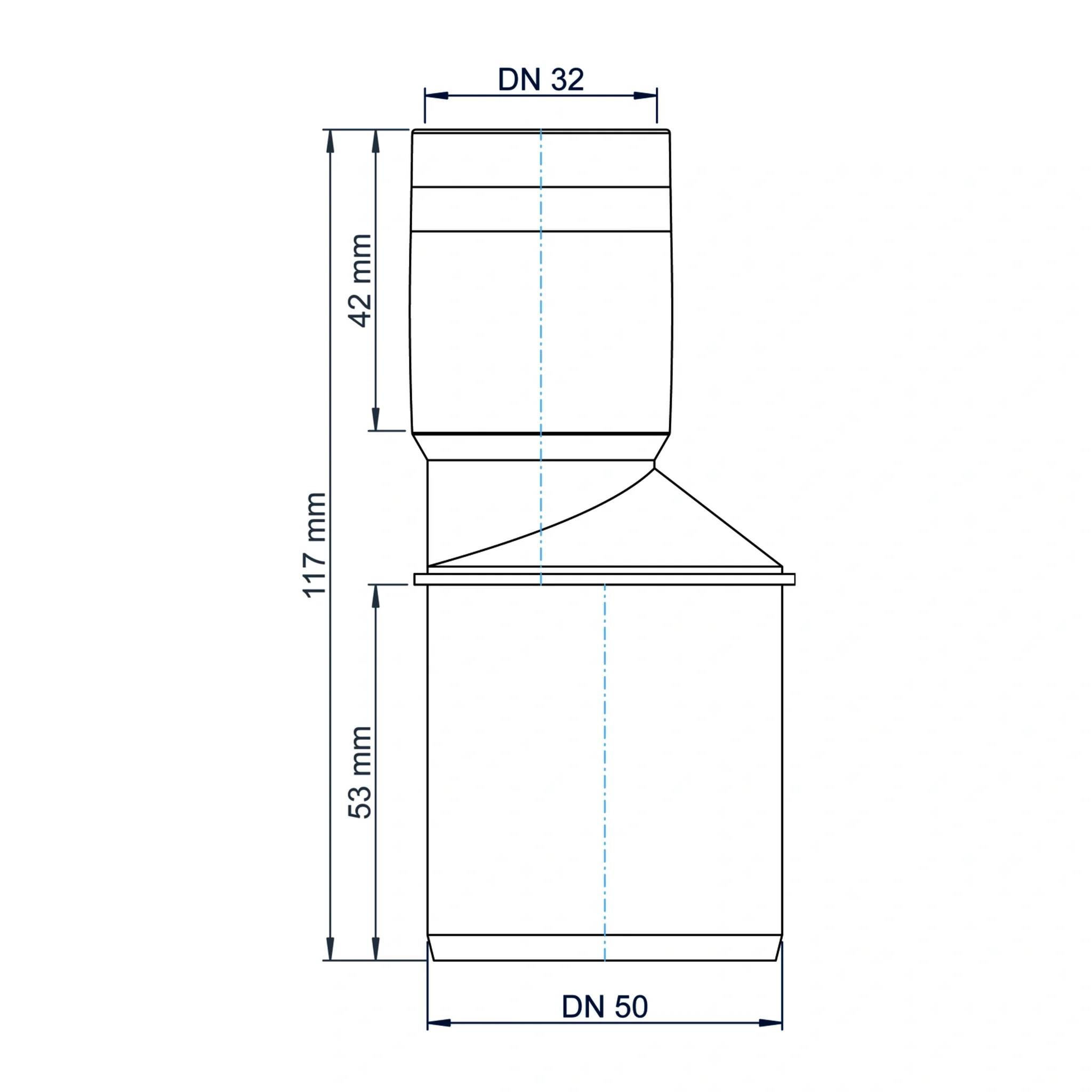 Technisches Diagramm eines zylindrischen Adapters mit DN 32 oben und DN 50 unten, Seitenansicht und Abmessungen: 42 mm, 53 mm und 117 mm.