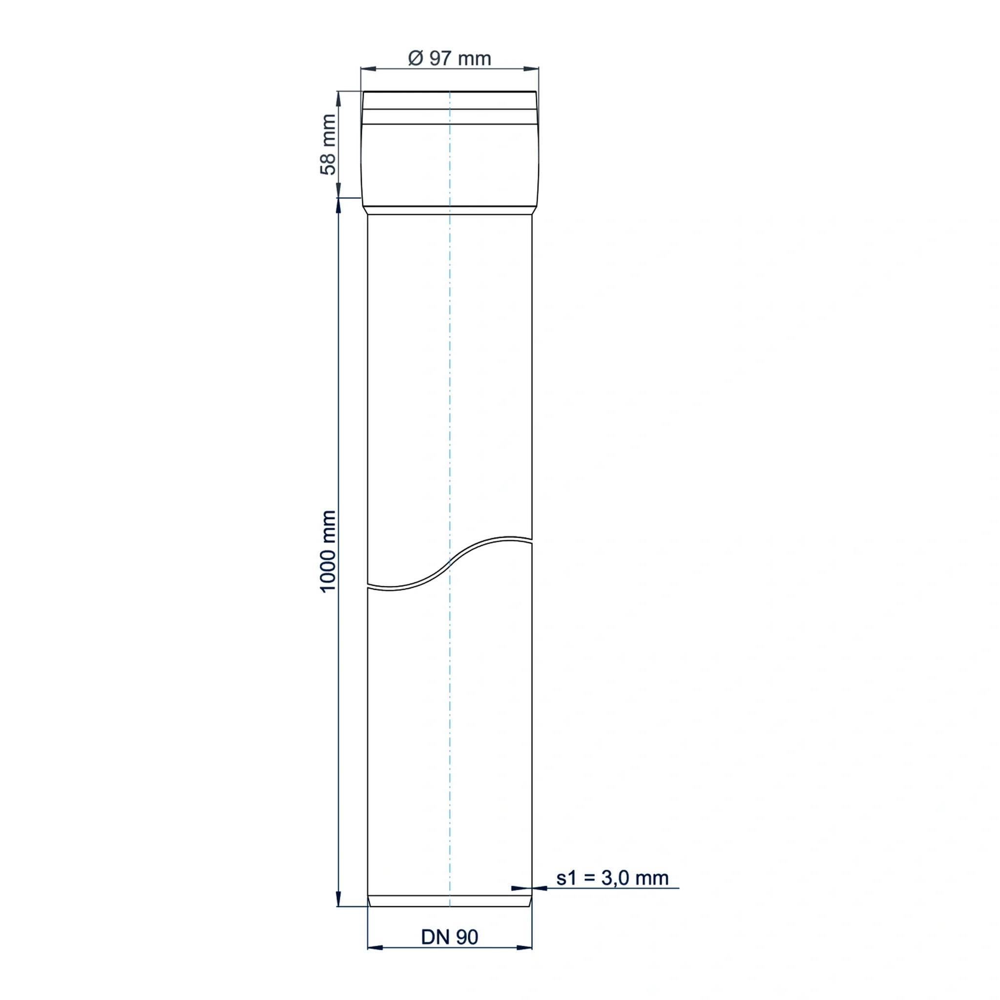 Technische Zeichnung eines Rohrabschnitts aus Zylindermaterial mit Bezeichnung DN 90, 1000 mm Länge, 97 mm Durchmesser, 3,0 mm Wandstärke, mit abgestuftem oberen Ende.
