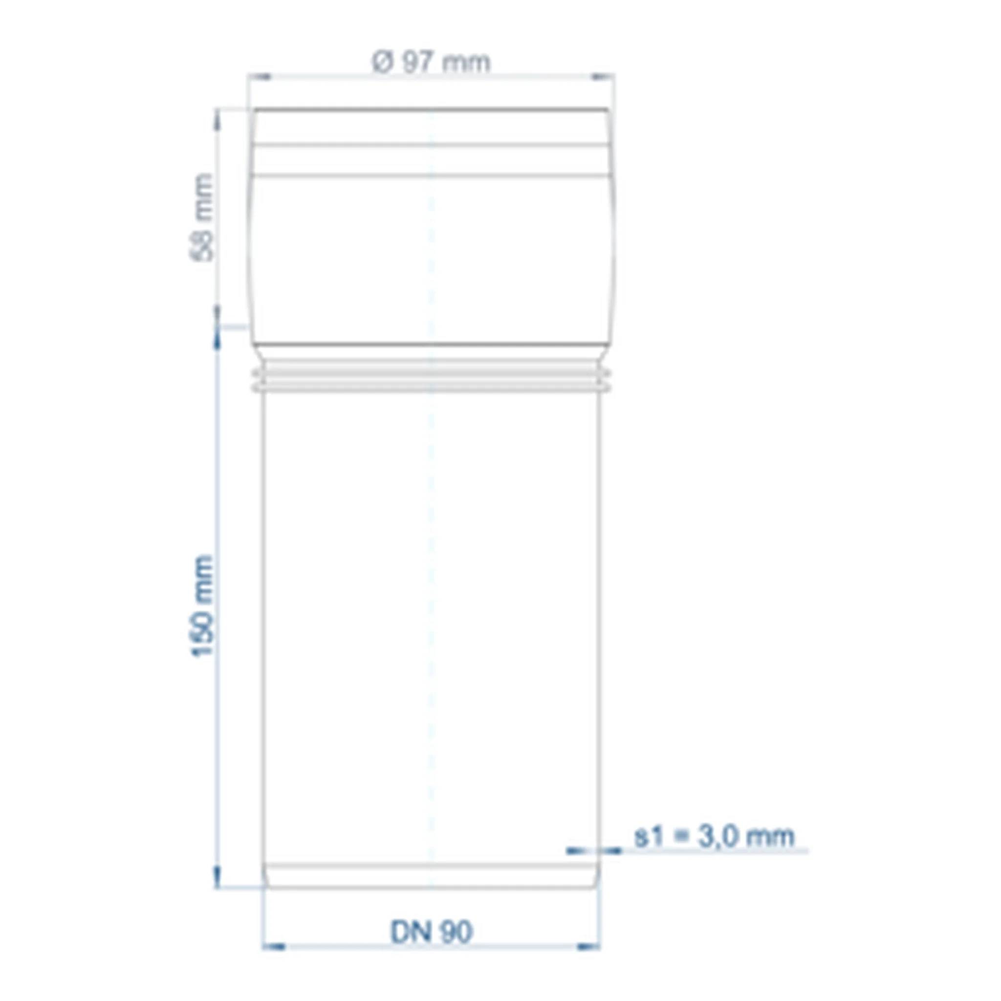 Technische Maßzeichnung einer zylindrischen Rohrverschraubung mit gekennzeichneten Abmessungen: 97 mm Oberdurchmesser, 58 mm Oberteil, 150 mm Körper, Wandstärke s1 = 3,0 mm, DN 90 Basis.