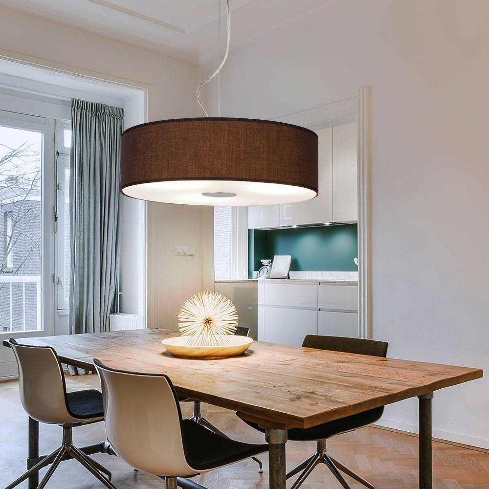 Hängeleuchte Wohnzimmerlampe hängend rund 1 flammig Pendelleuchte Stoffschirm Modern, Stahl gebürstet, Glas satiniert, 1x E27, DxH 45x175 cm