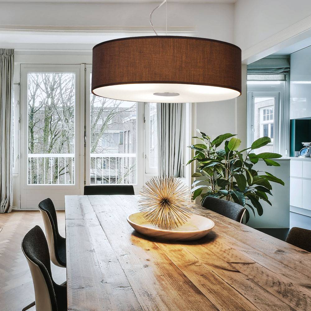 Hängeleuchte Wohnzimmerlampe hängend rund 1 flammig Pendelleuchte Stoffschirm Modern, Stahl gebürstet, Glas satiniert, 1x E27, DxH 45x175 cm