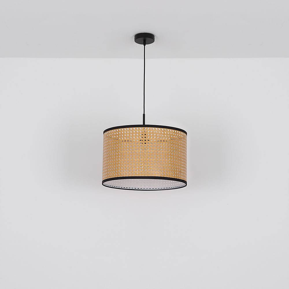 Hängelampe Pendelleuchte Deckenlampe Wohnzimmer Hängeleuchte Korbgeflecht Optik in naturfarben, Metall schwarz, 1x E27, DxH 45x140 cm