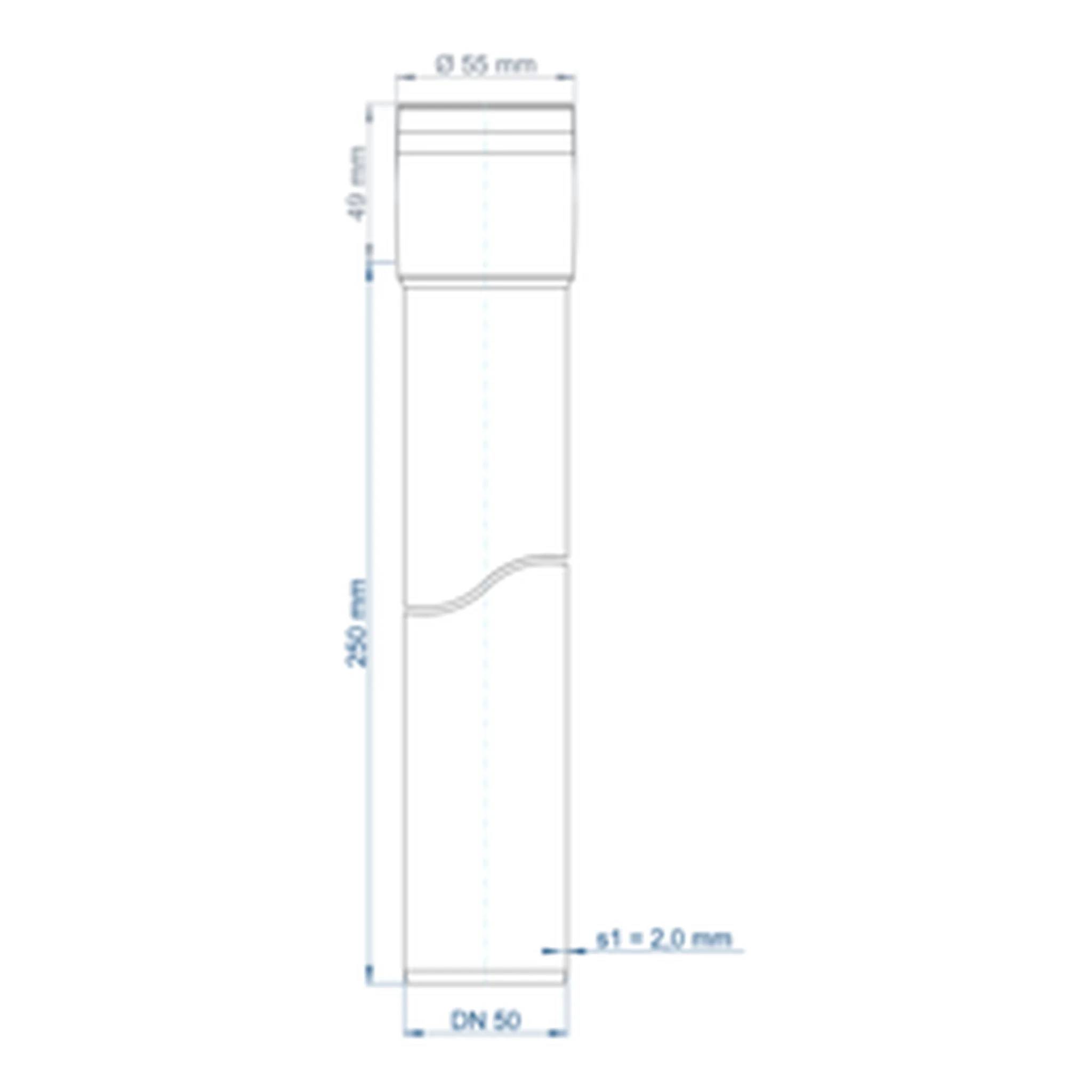 Technische Maßzeichnung eines zylindrischen Teils mit gestuftem Oberteil, welligem Seitenprofil und Maßangaben einschließlich Ø55 mm, 40 mm, 250 mm, s1 = 2,0 mm und DN 50.