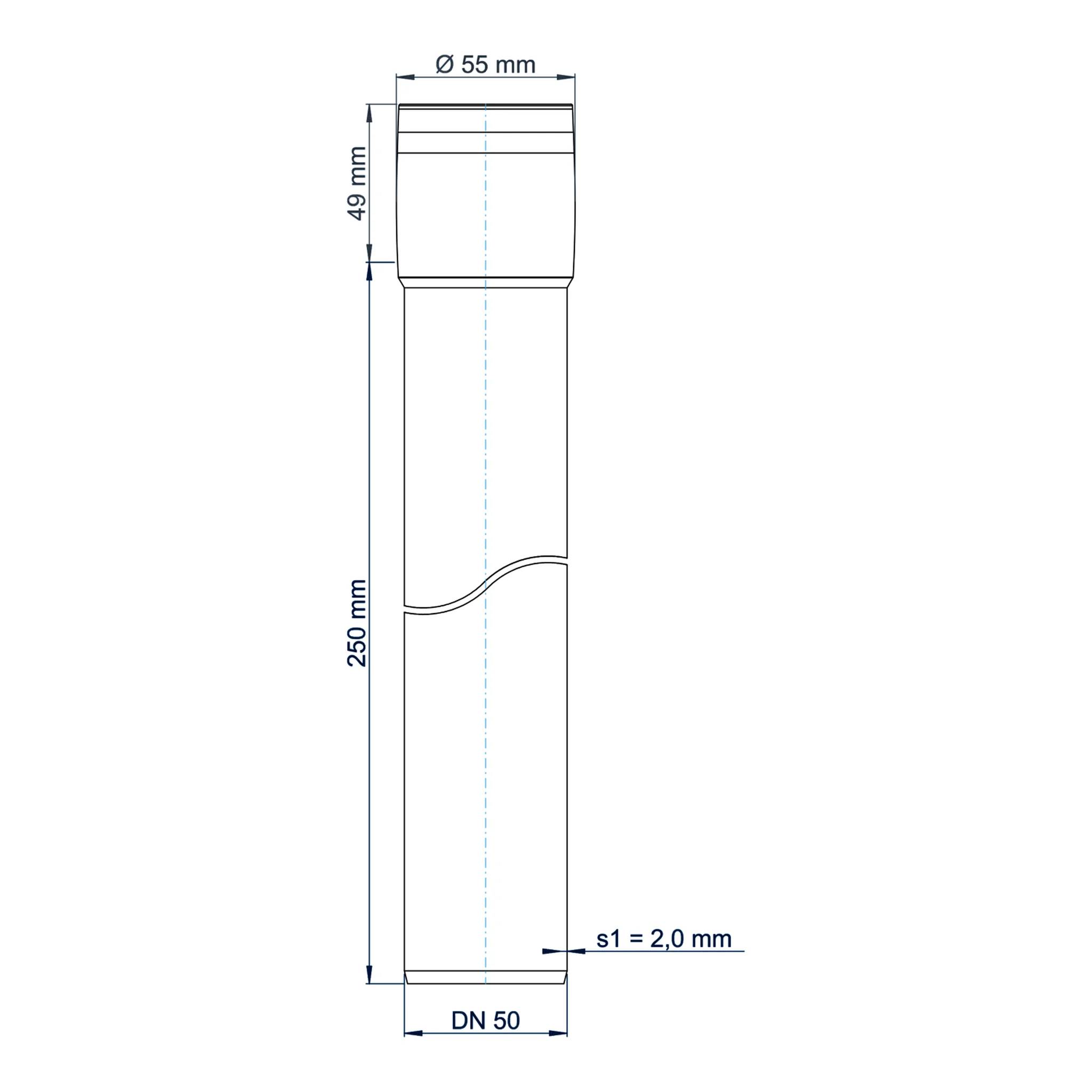 Technische Strichzeichnung eines zylindrischen Rohrabschnitts mit gekennzeichneten Abmessungen Ø55 mm, 49 mm, 250 mm, DN 50 und Wandstärke s1 = 2,0 mm.