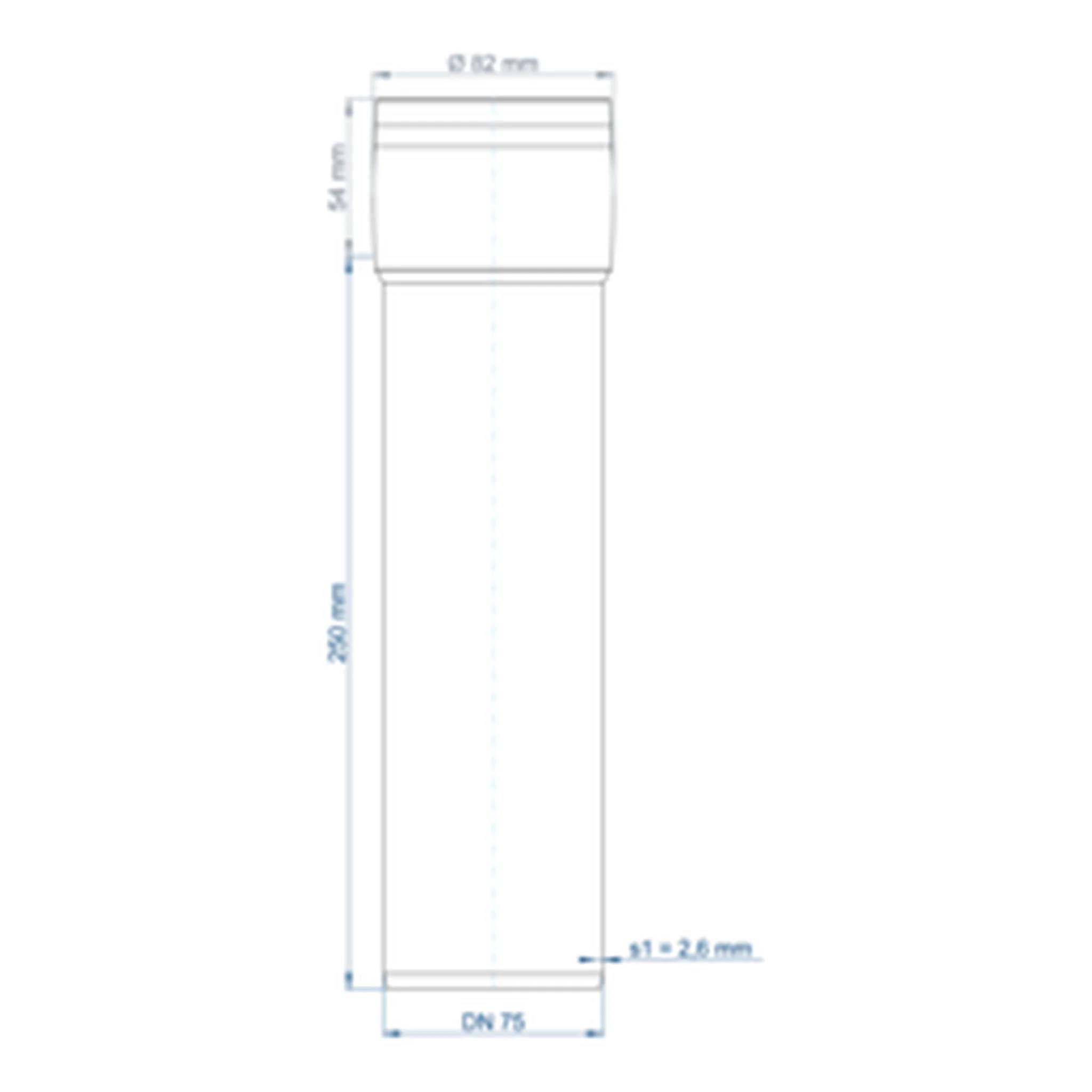 Technische Zeichnung eines zylindrischen Rohrs mit ausgestellter Oberseite, zeigend Abmessungen: 61,82 mm Breite, 64 mm Oberteil, 290 mm Länge, DN 75, und 1 = 2,6 mm Wandstärke.