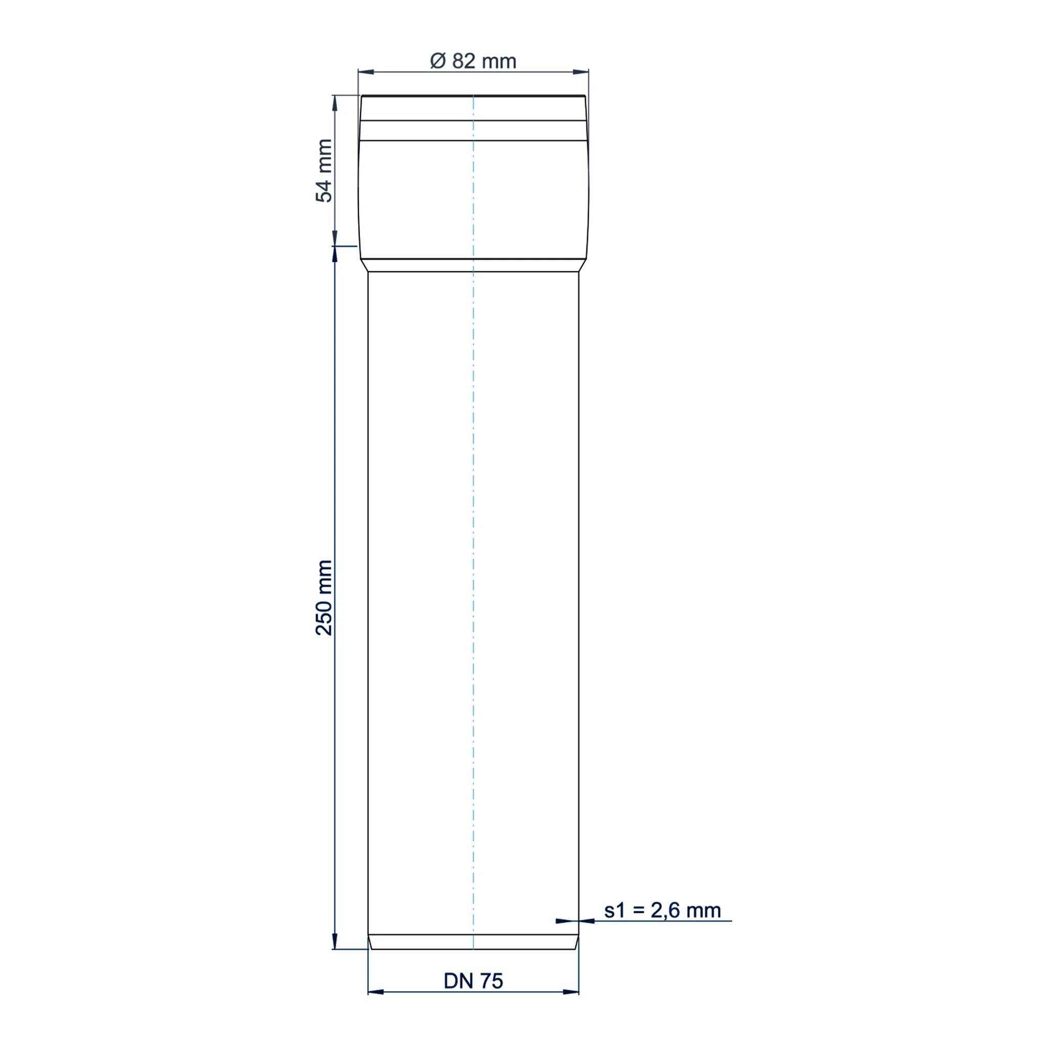 Technische Strichzeichnung einer zylindrischen Rohrverbindung, beschriftet mit Ø 82 mm, 54 mm, 250 mm, DN 75 und s1 = 2,6 mm.