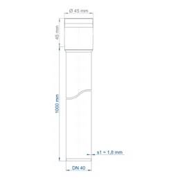 Technische Strichzeichnung eines vertikalen Rohr-/Kanalabschnitts mit der Bezeichnung DN 40, 1000 mm Höhe und 45 mm Breite, mit Wandstärke t = 1,8 mm.
