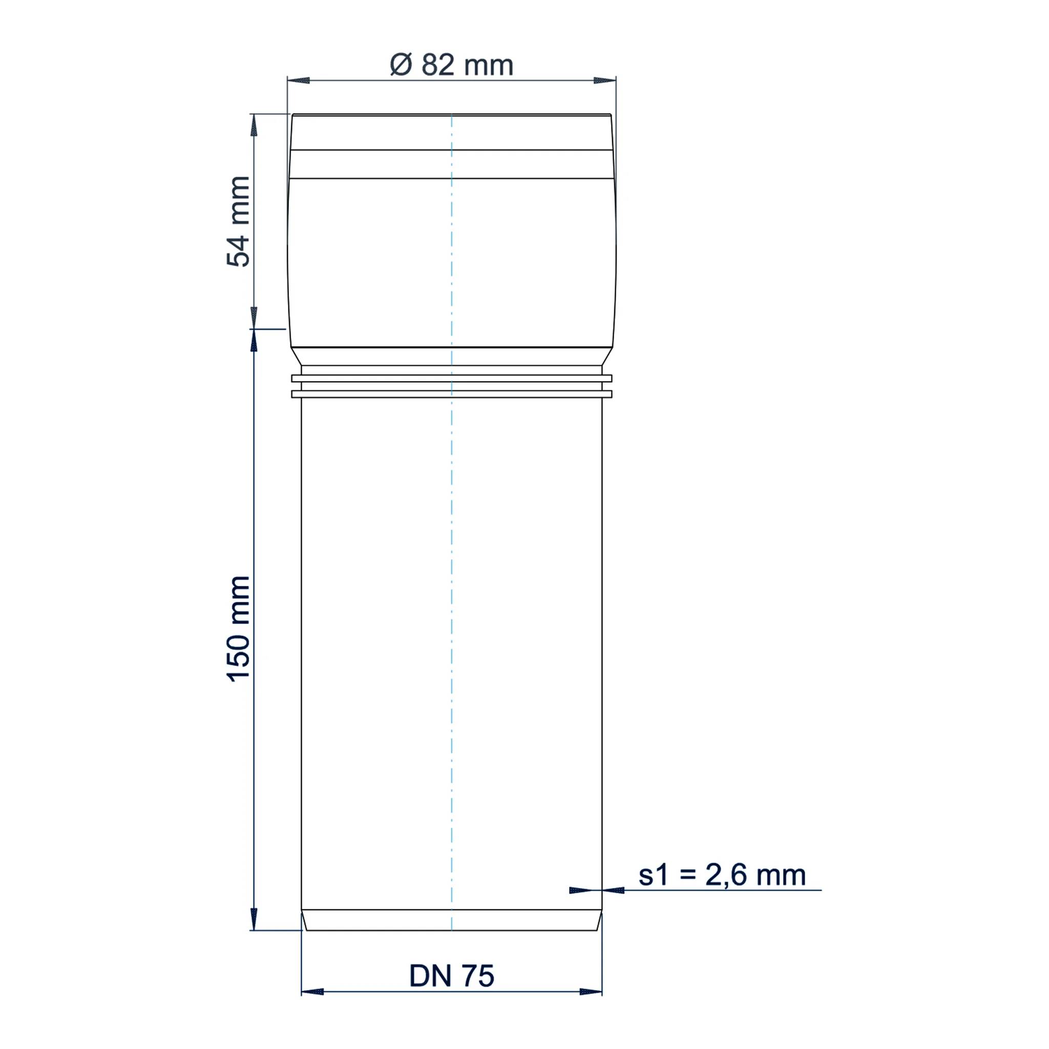Technische Zeichnung einer zylindrischen Rohrverschraubung mit beschrifteten Abmessungen Ø82 mm, 54 mm, 150 mm, DN 75 und Wandstärke s1 = 2,6 mm.