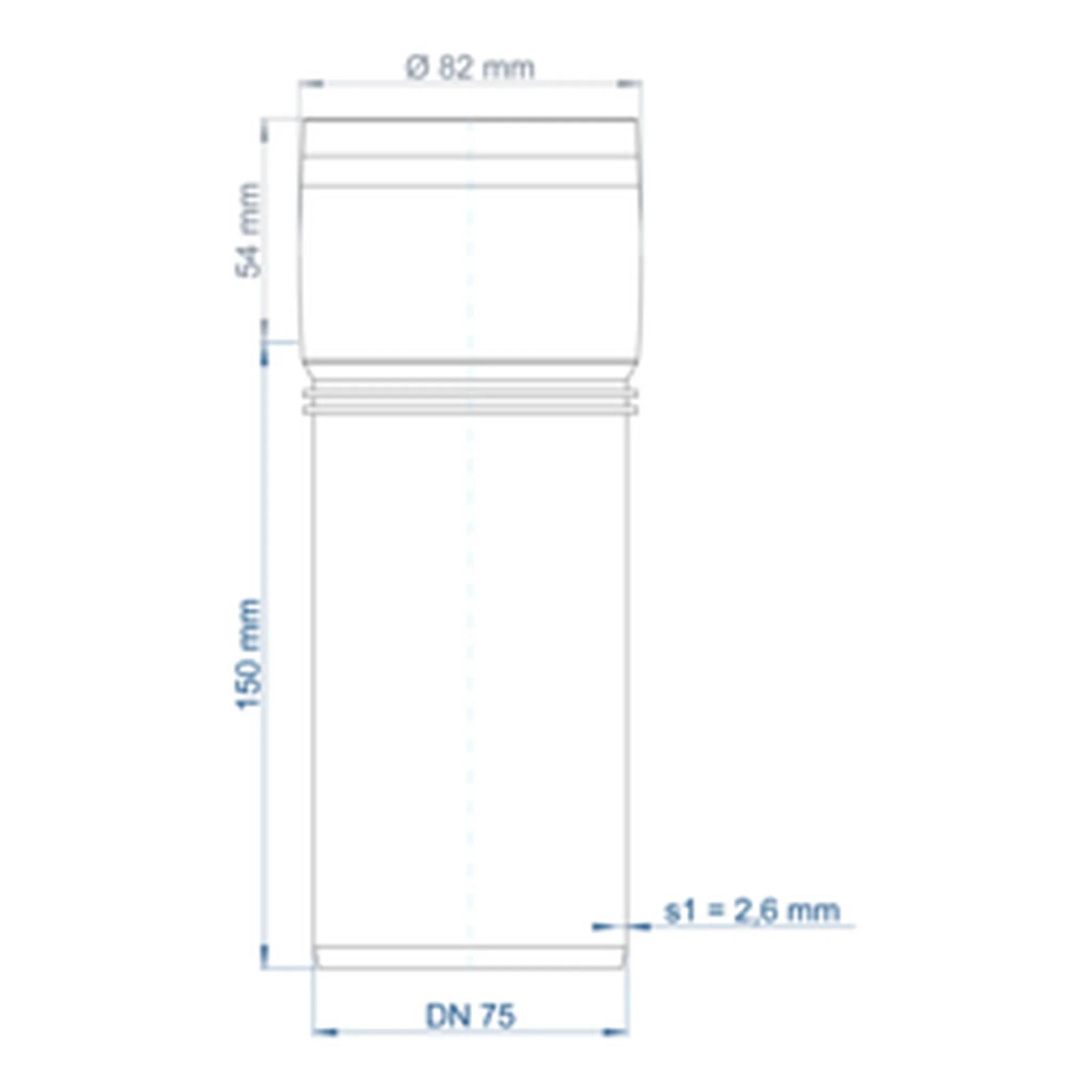 Technische Zeichnung eines zylindrischen Rohrs oder Verbindungselements mit Abmessungen: 82 mm oberer Durchmesser, 54 mm oberer Abschnitt, 150 mm Länge, 2,6 mm Wanddicke, DN 75 Basis.
