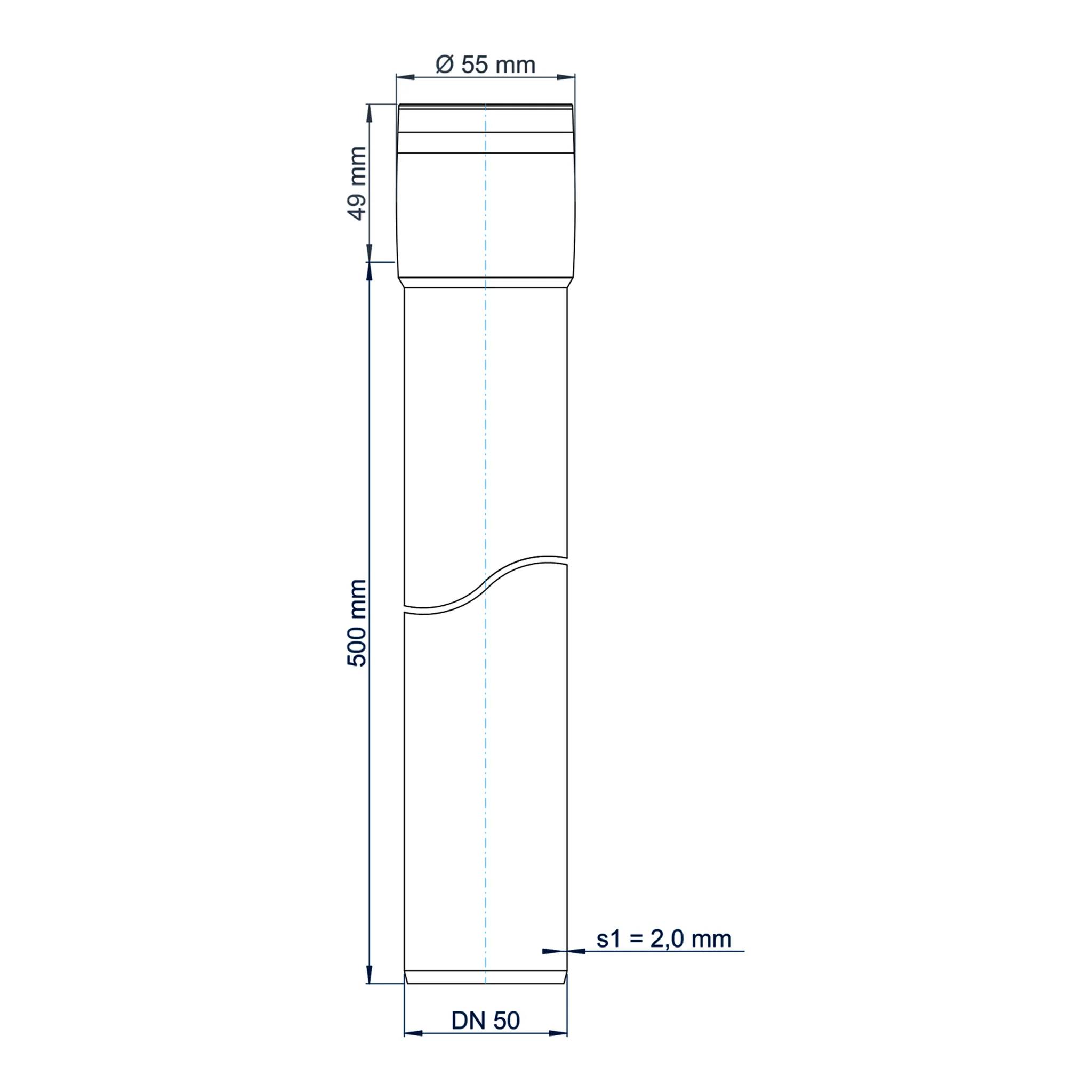 Technische Maßzeichnung eines zylindrischen Rohrabschnitts, beschriftet DN 50, 500 mm lang, 55 mm Durchmesser und 2,0 mm Wandstärke.
