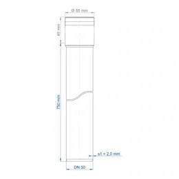 Technische Zeichnung eines zylindrischen Teils mit einer Gesamthöhe von 750 mm, oberer Durchmesser 95 mm, unterer Durchmesser DN 50 und 2,0 mm Wanddicke.