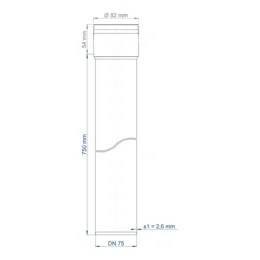 Technische Zeichnung eines Zylinderohr-Rohrs, mit der Bezeichnung DN 76, mit den Abmessungen: 91,82 mm oberer Durchmesser, 54 mm Kappe Höhe, 754 mm Länge und 2,6 mm Wanddicke.