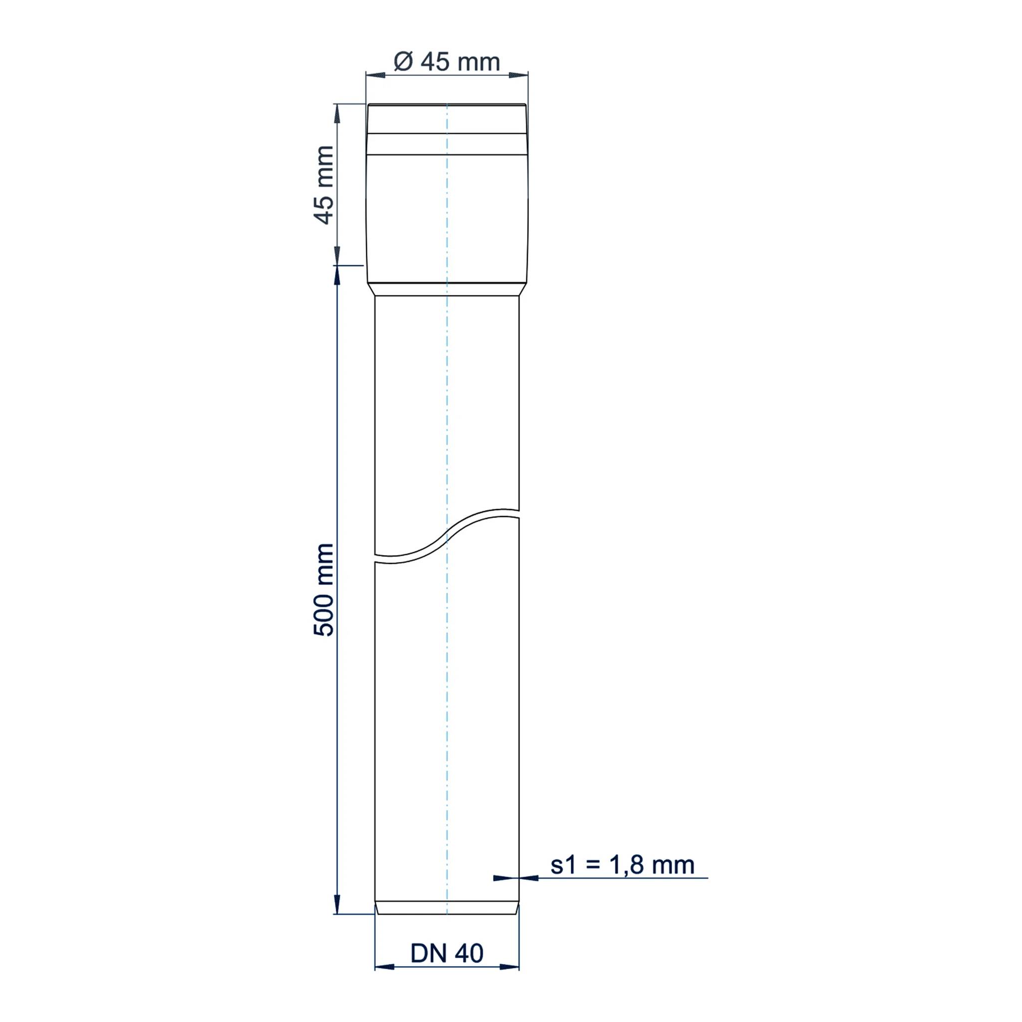 Technische Zeichnung eines vertikalen zylindrischen Rohres mit Abmessungen: 45 mm Durchmesser, 45 mm oberer Abschnitt, 500 mm Länge, DN 40 Basis, Wandstärke s1 = 1,8 mm.