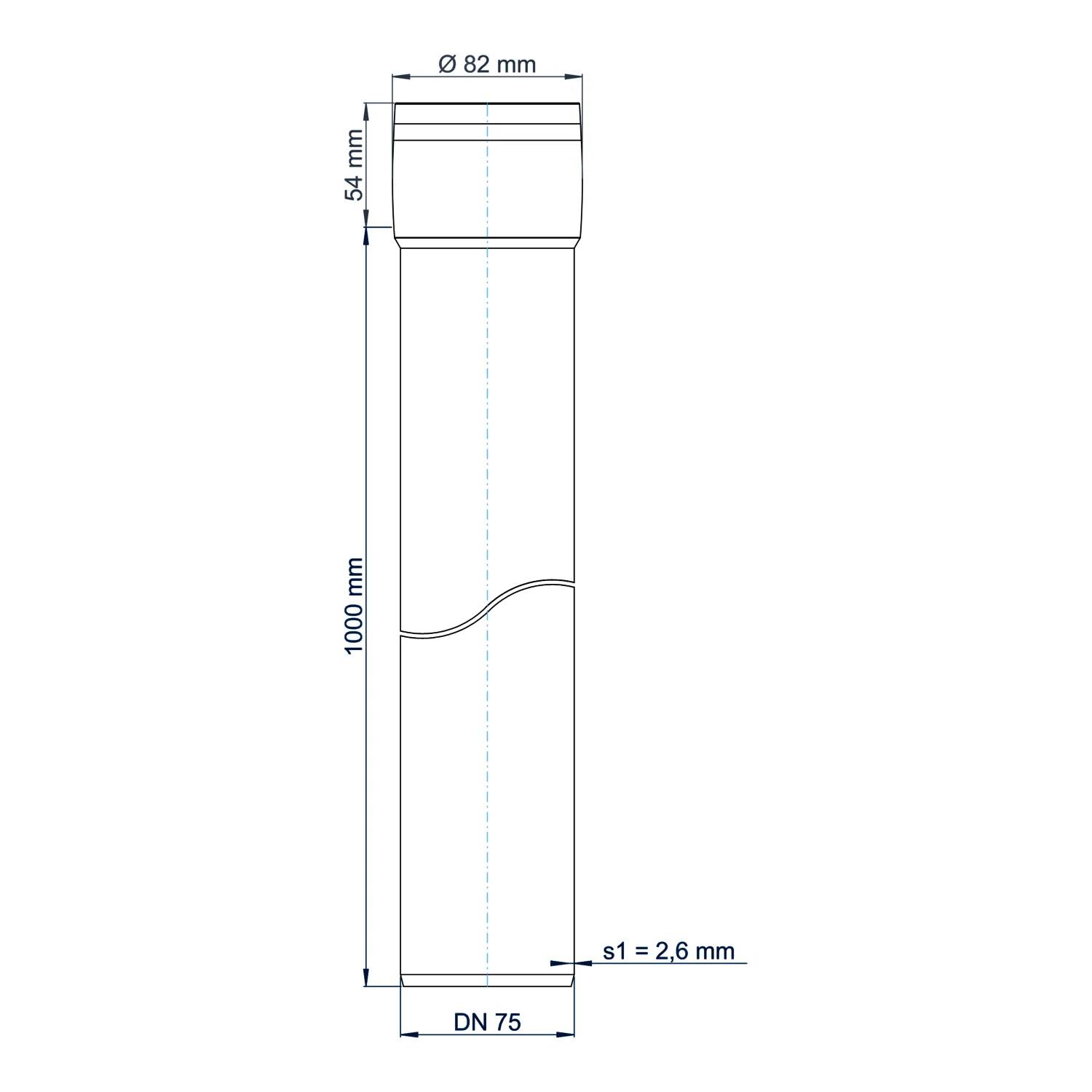 Technische Maßzeichnung eines langen zylindrischen Rohrs oder der Muffe mit der Bezeichnung Ø82 mm oben, 54 mm Kopf, 1000 mm Länge, DN 75 unten, s1 = 2,6 mm.